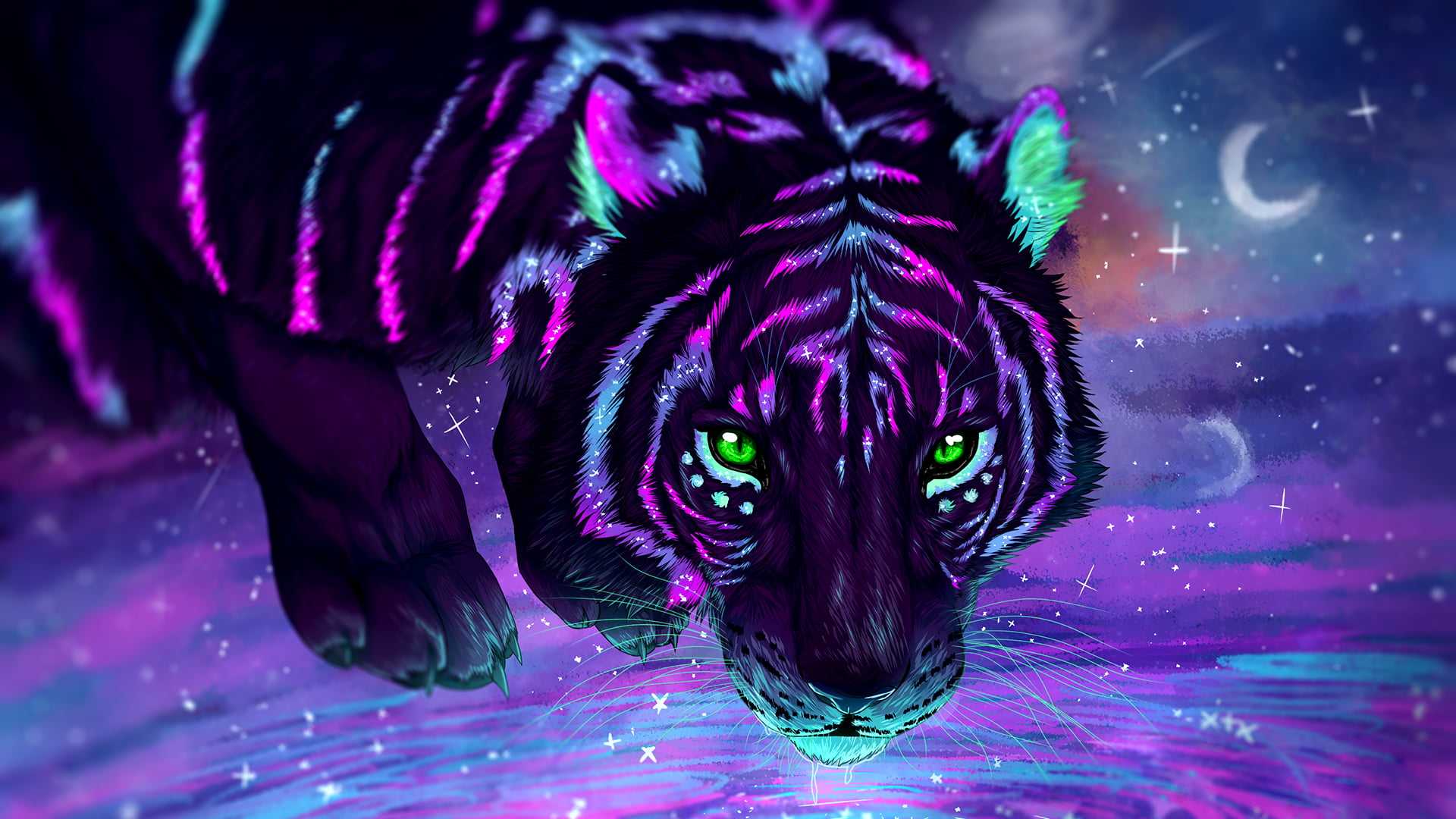 purple and black tiger HD wallpaper, digital art, stars, galaxy