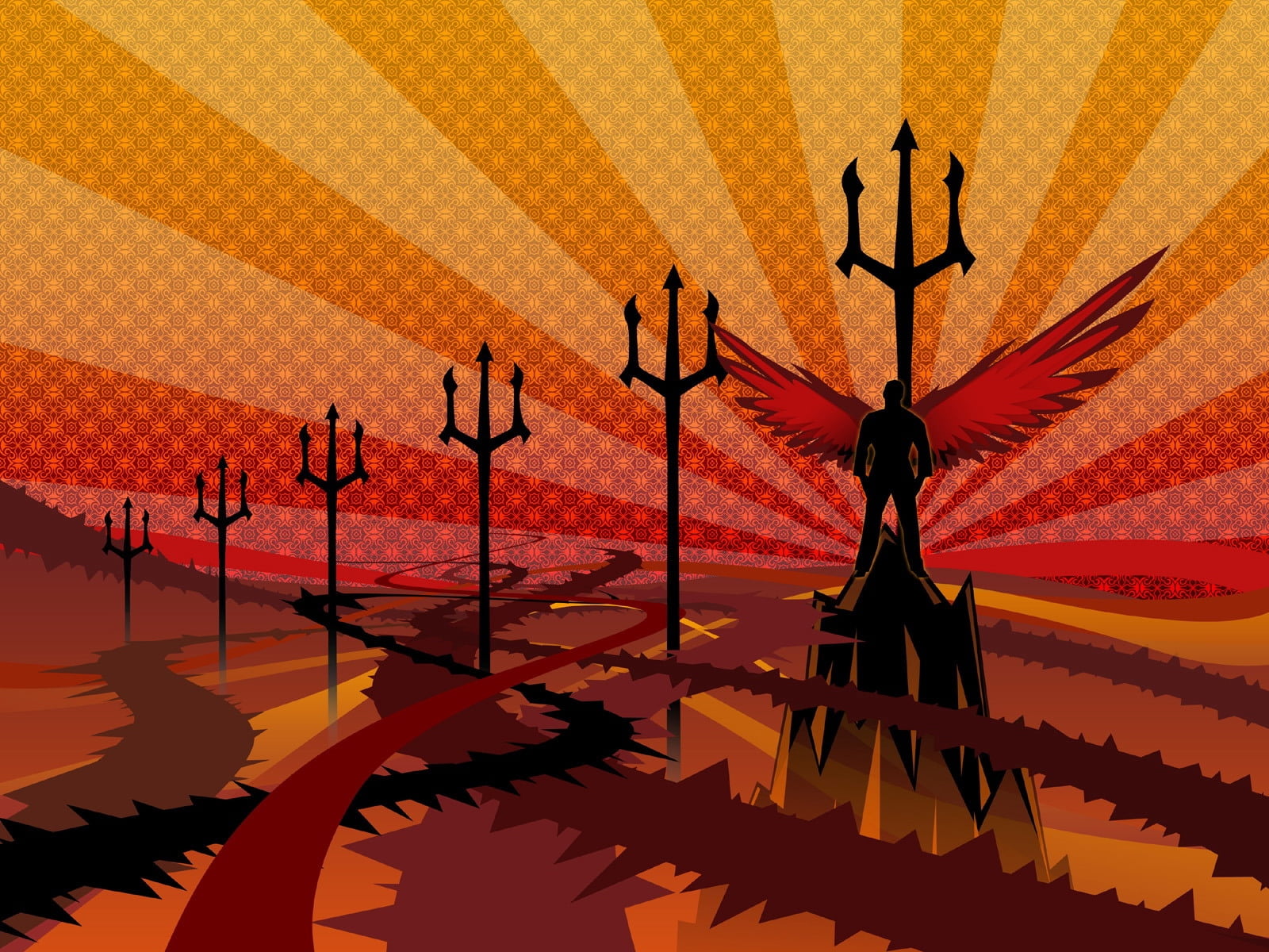 silhouette of evil's fork digital wallpaper, wings, drawing, poles