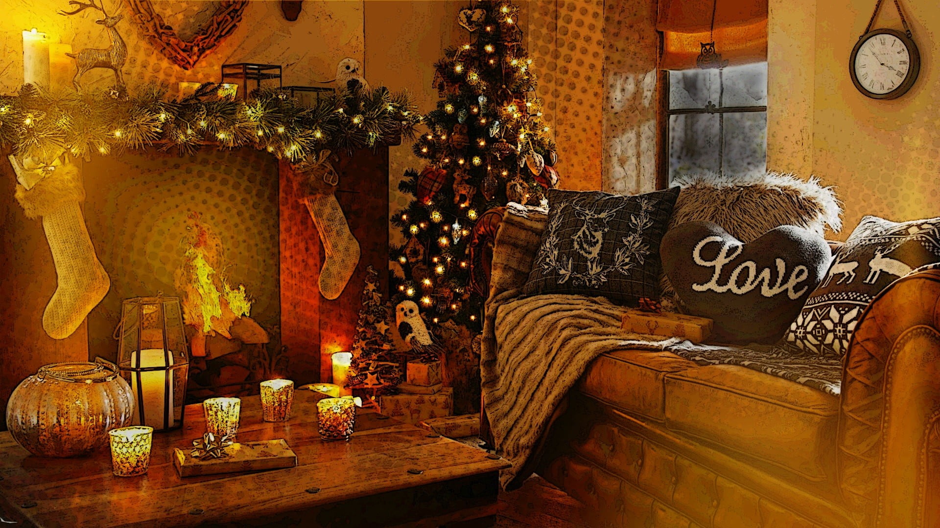 Christmas tree, sofa, fireplace and coffee table, lights, trees