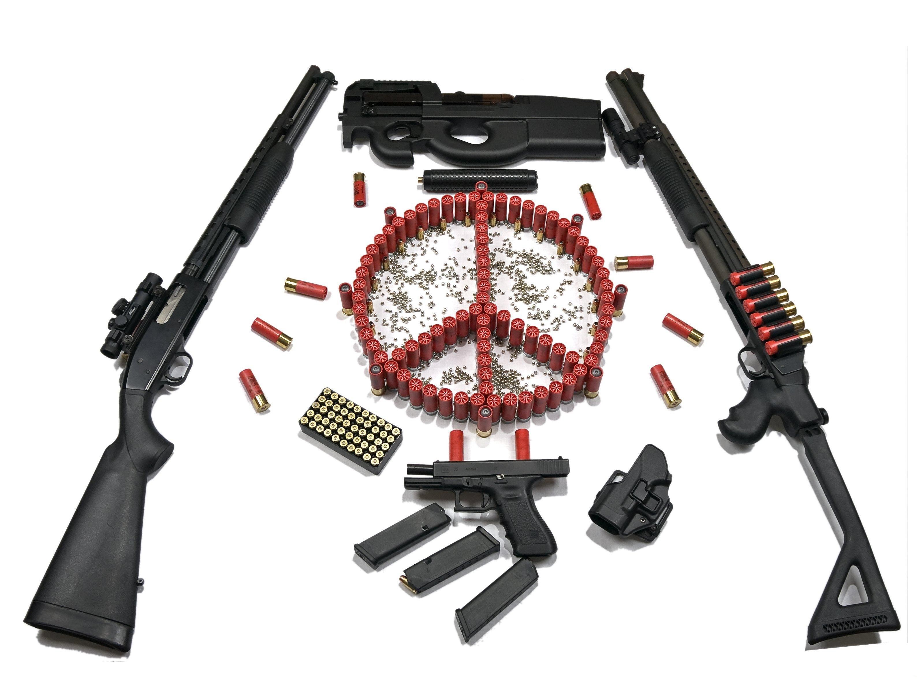gun, FN P90, Mossberg 500, Glock, peace sign, ammunition, Glock 22