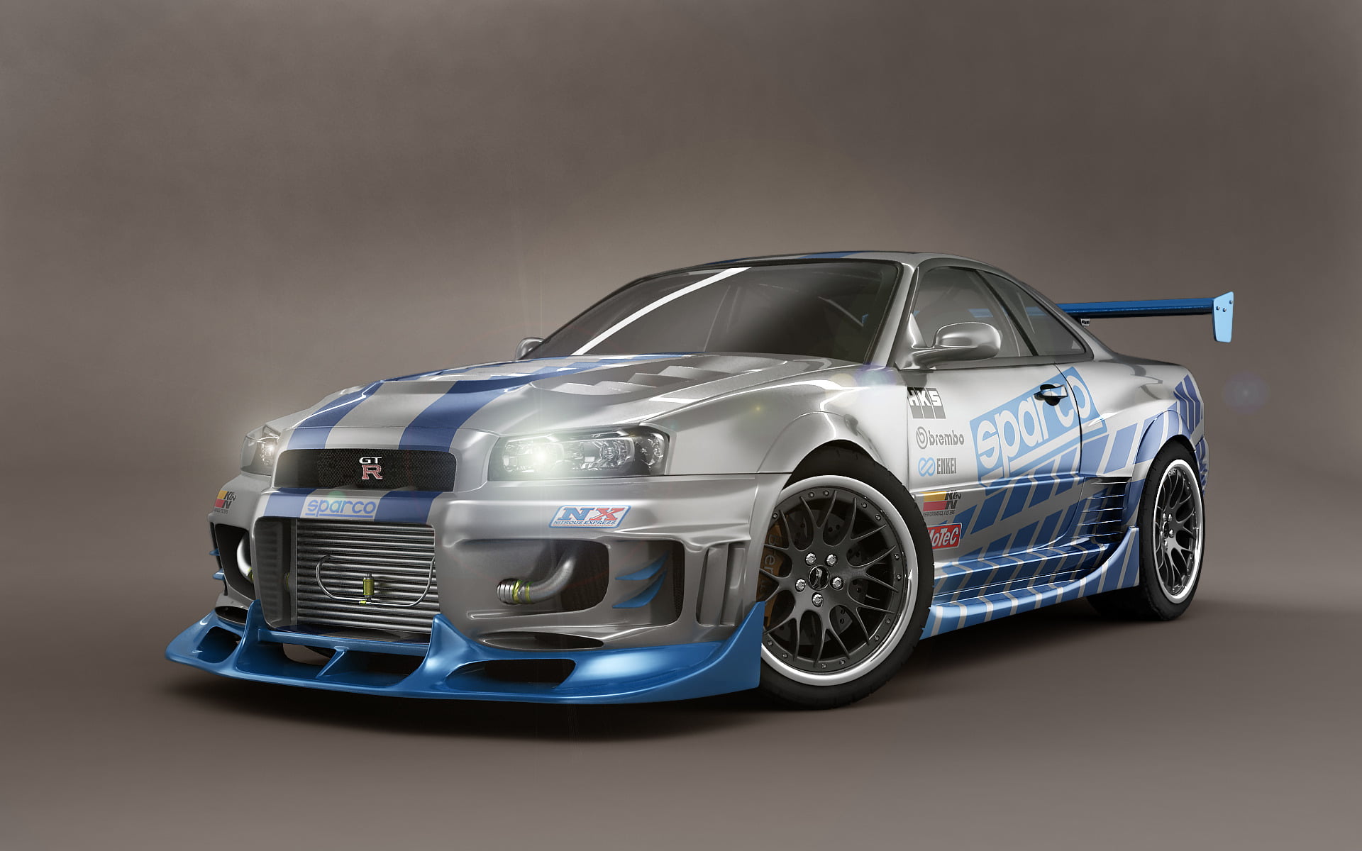 silver and blue Nissan Skyline GT-R R34, Shoot, Studio, car, sport