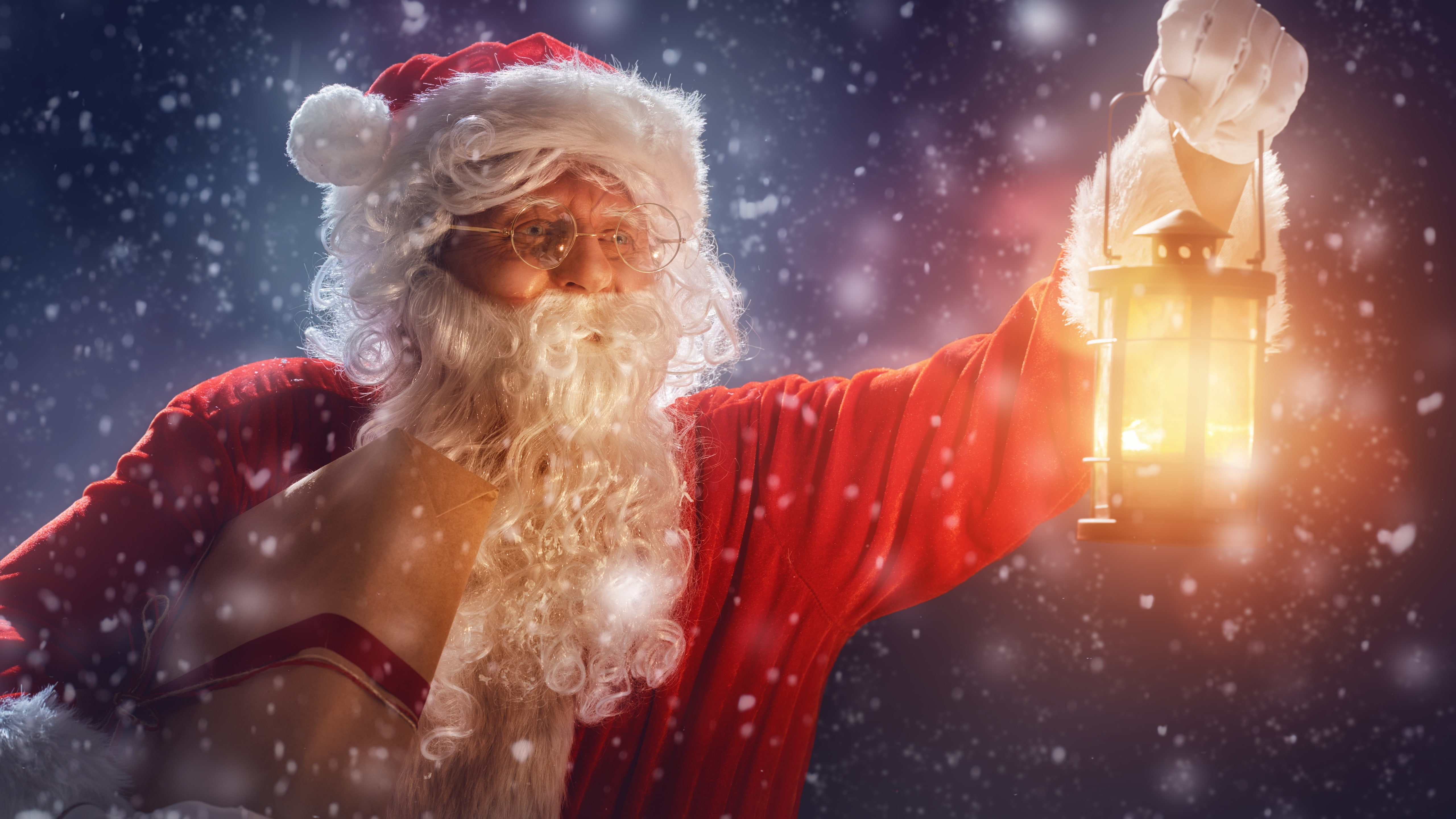 santa claus, christmas, christmas holidays, lantern, snowfall