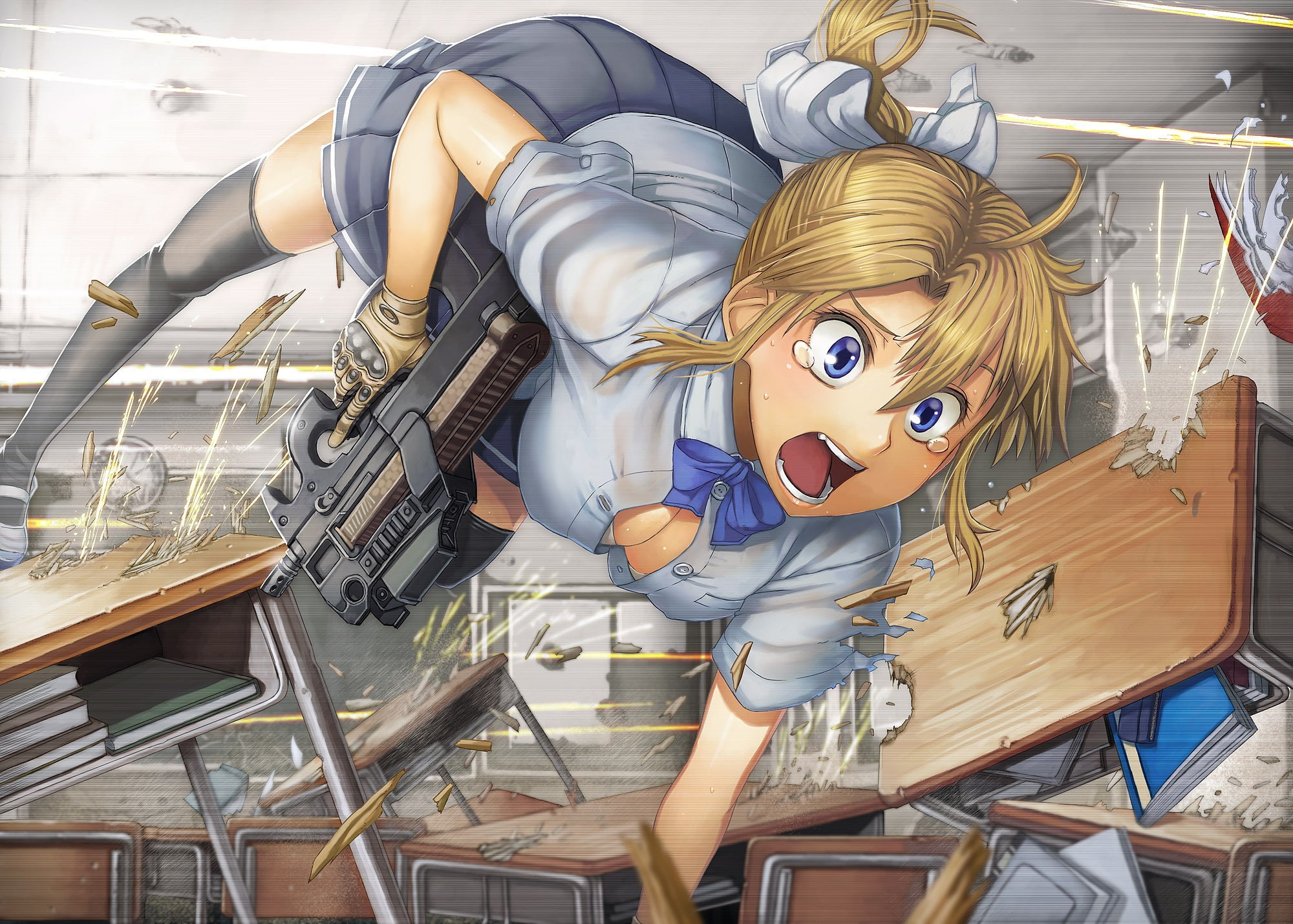 Anime Girls, FN P90, School Uniform, weapon