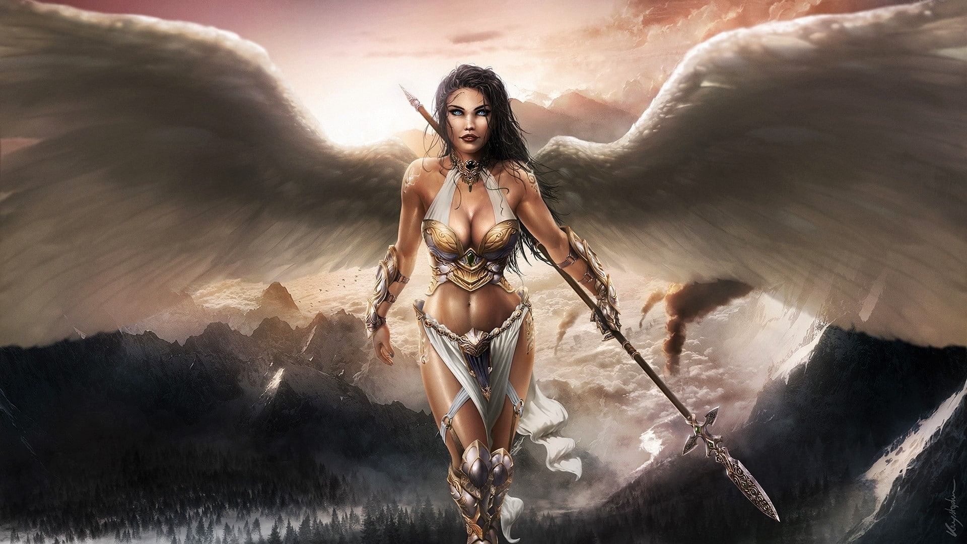 Fantasy, Angel Warrior, Blue Eyes, Spear, Wings