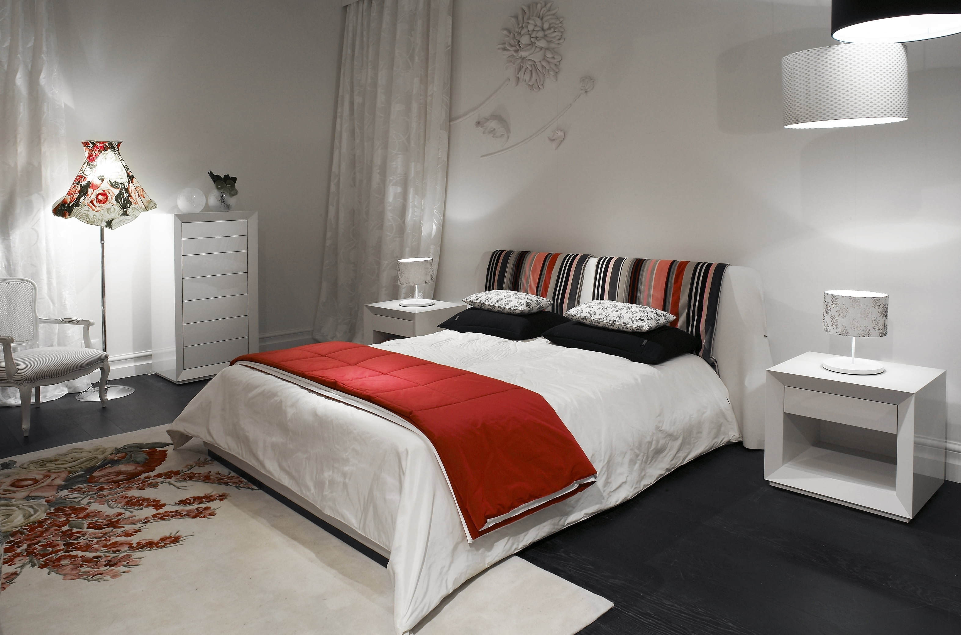 white wooden beside table, bed, bedroom, red. kenzo, domestic Room