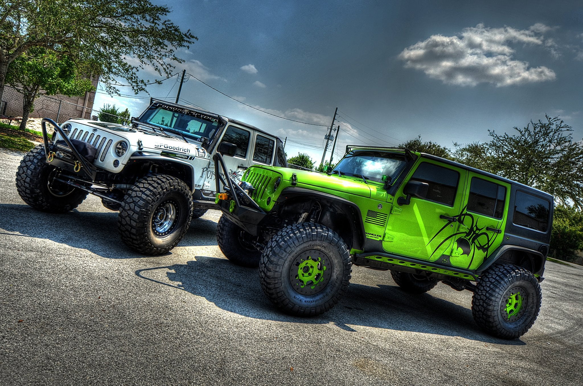 green and white Jeep Wranglers, Tuning, Off Road, land Vehicle