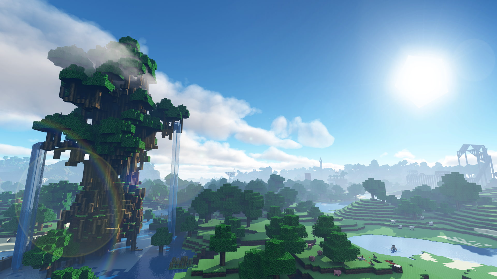 Minecraft, waterfall, sky, building exterior, architecture