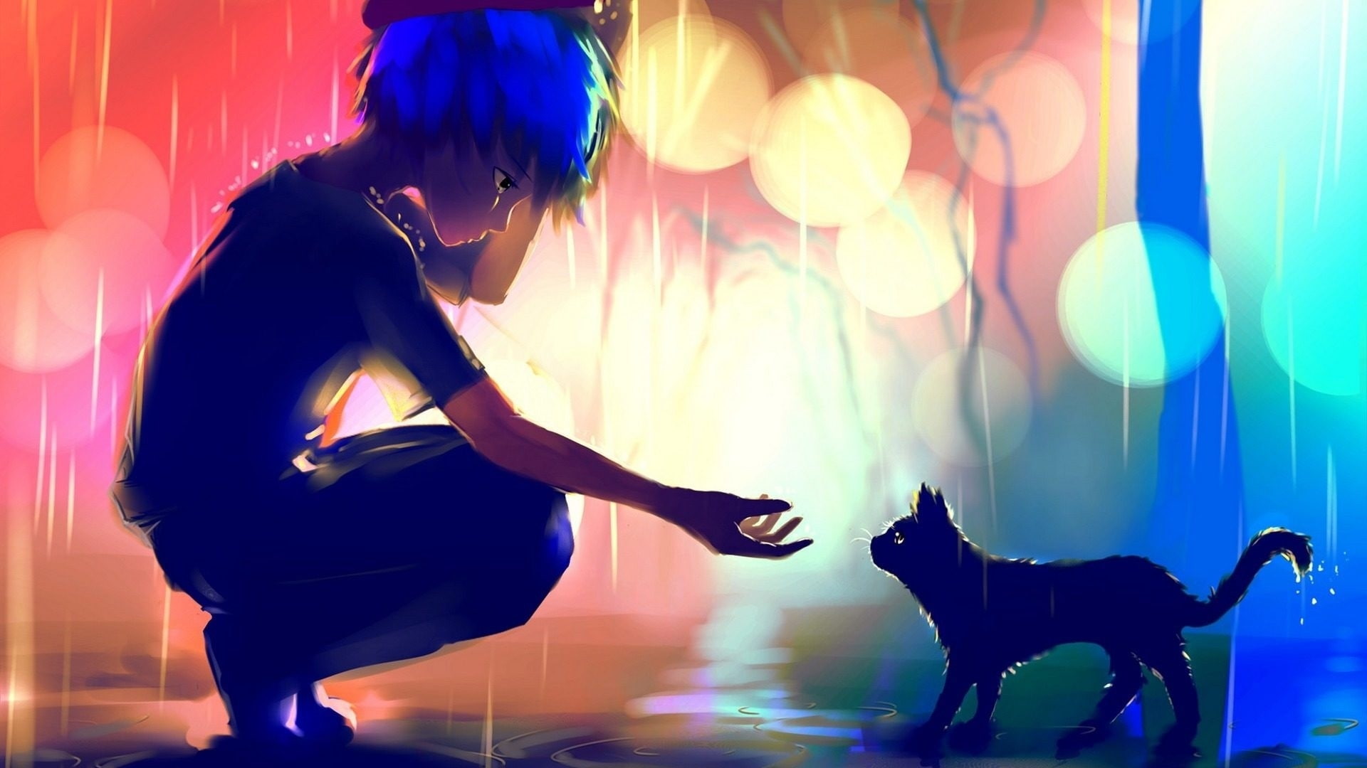 anime boy, cat, raining, scenic, sad, loneliness