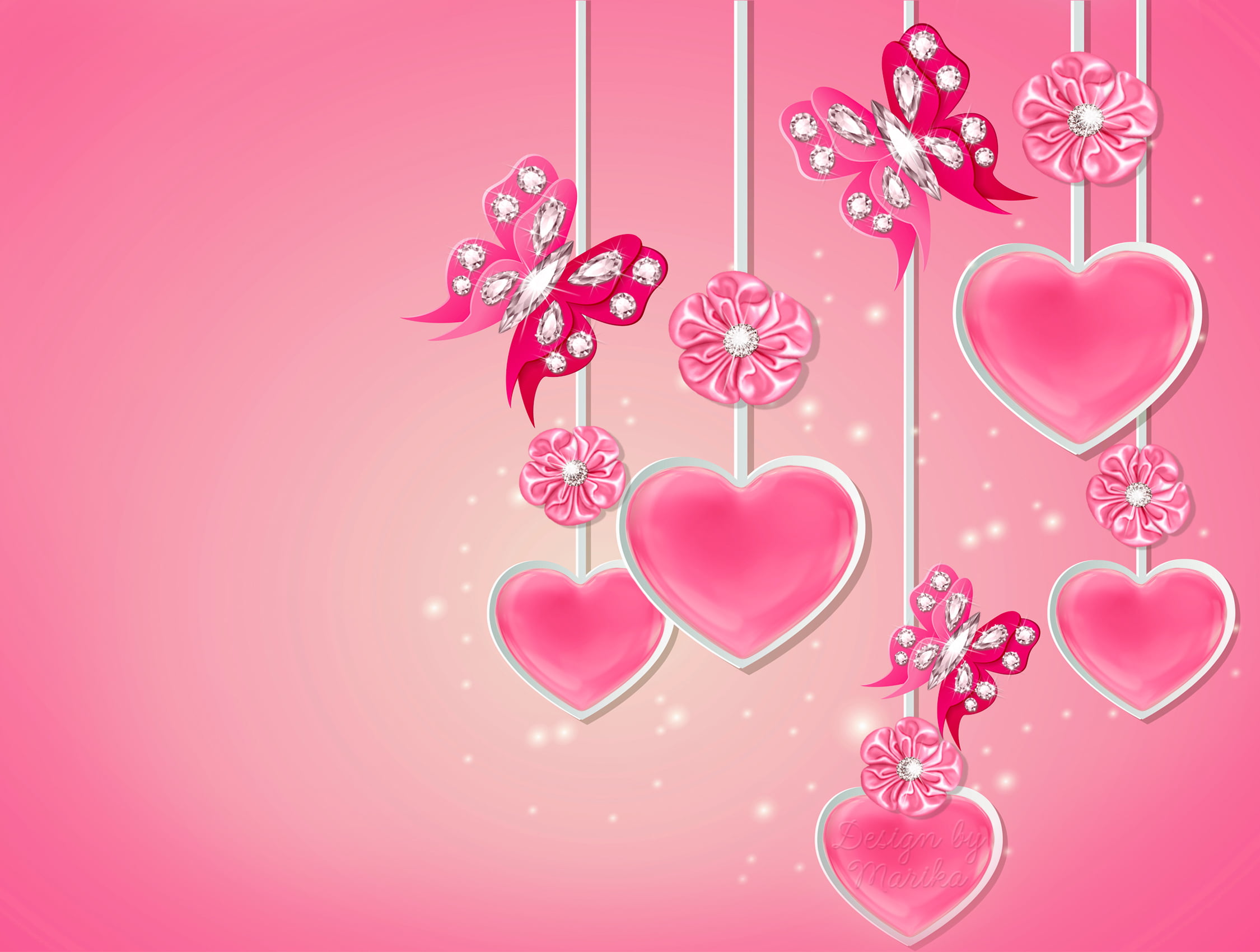 pink hearts and butterflies decors, butterfly, diamonds, love