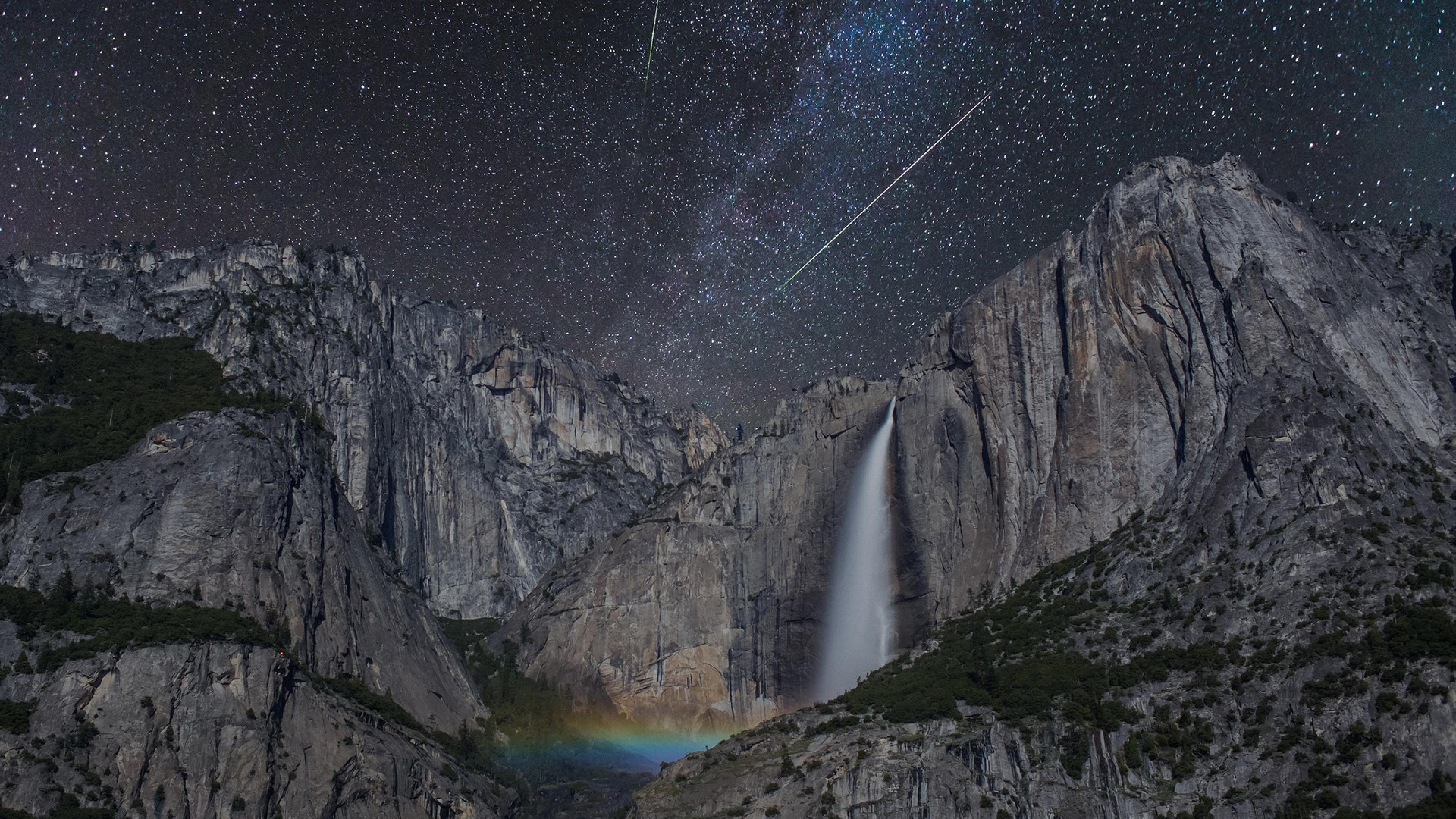 yosemite national park, milky way, waterfall, rainbow, meteor