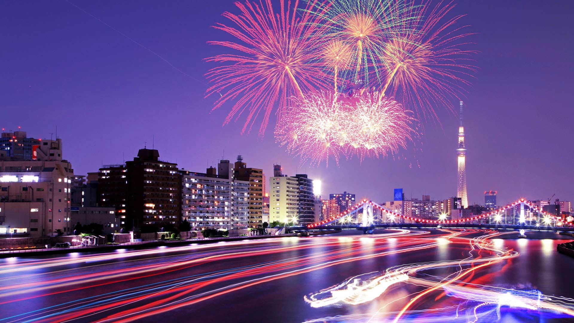 Tokyo, Sumida river, fireworks, city, salute
