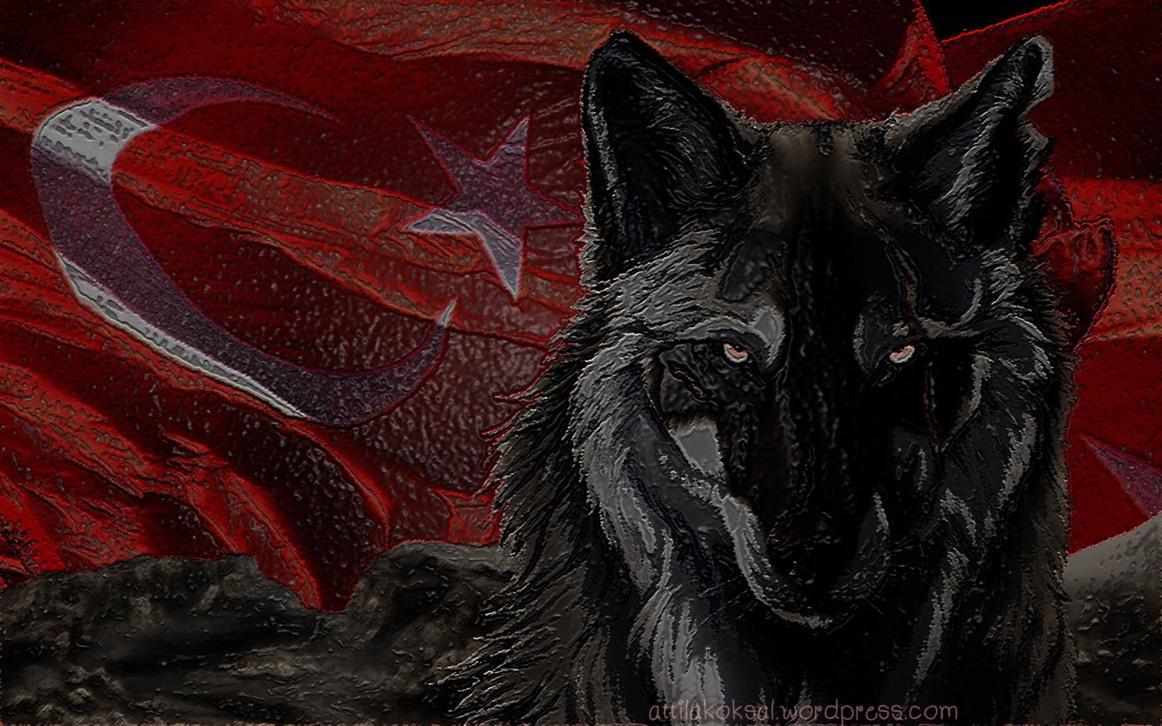 black wolf painting, Bozkurt, Turkish, Turkey, flag, red, animal