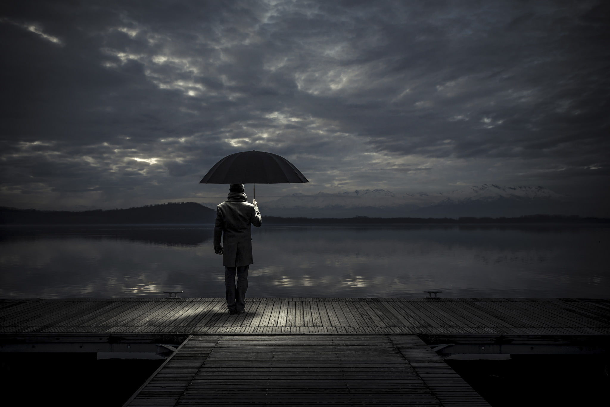 alone, love, man, umbrella, sad, protection, water, sky, one person