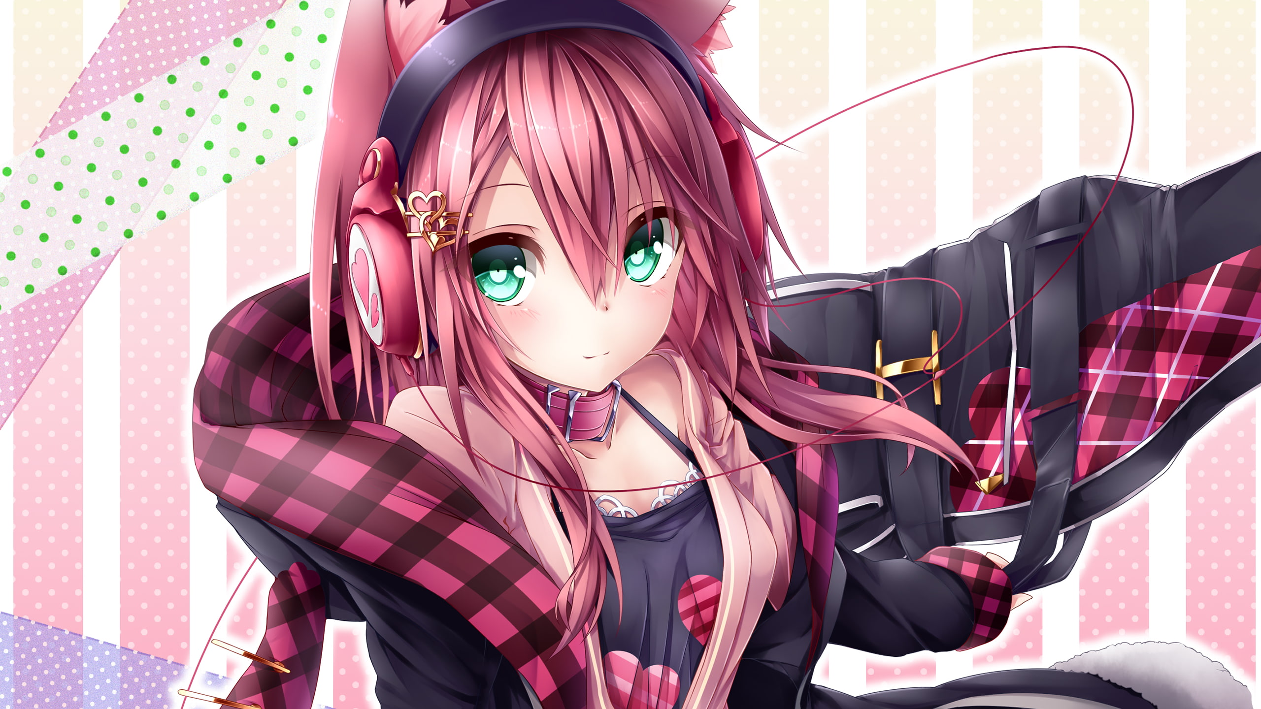 manga, anime girls, pink hair, long hair, green eyes, headphones