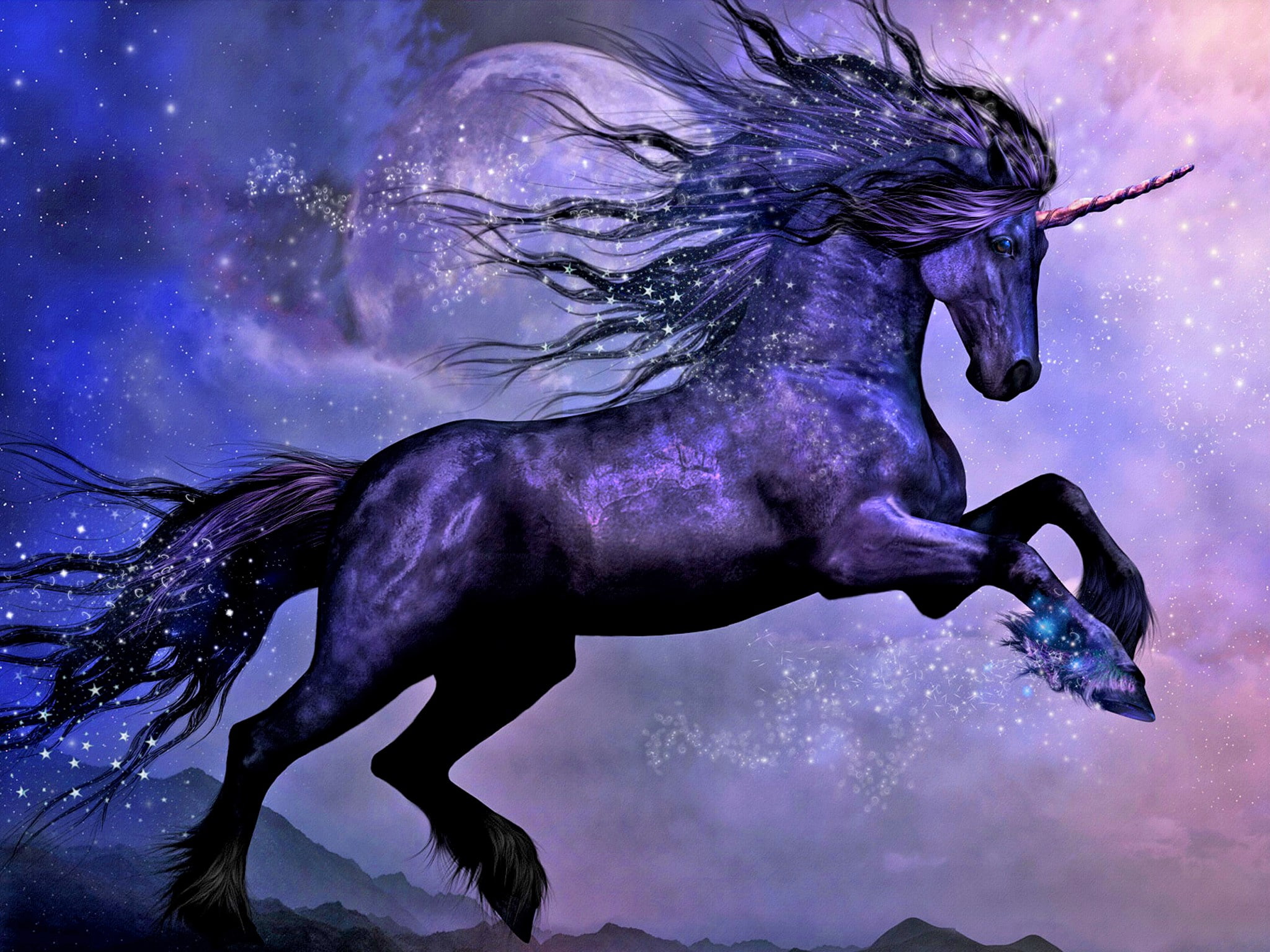 Fantasy Animals, Unicorn, Black, Moon, Night