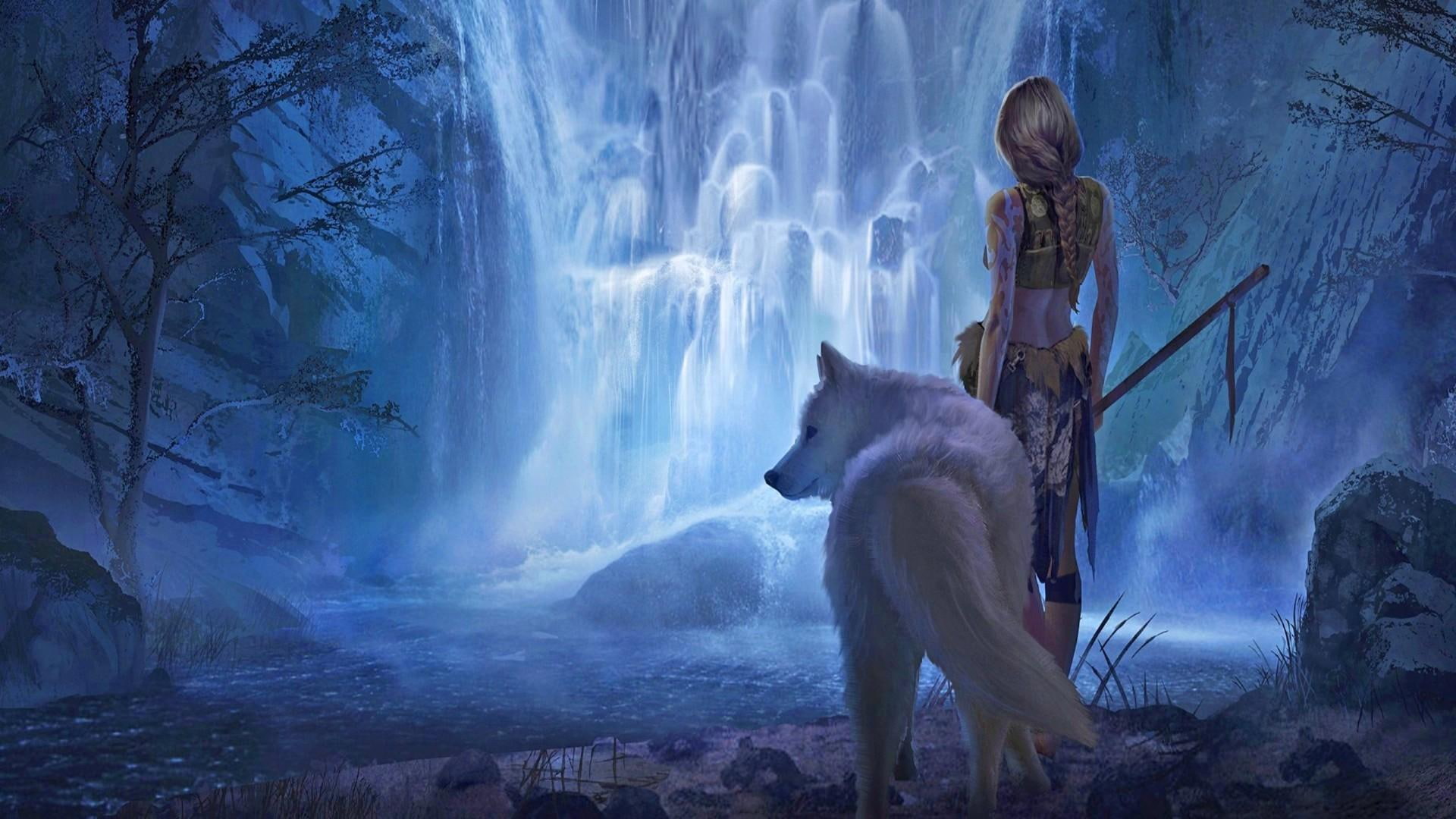 white wolf, fantasy art, waterfall, bluish, nature, fictional character