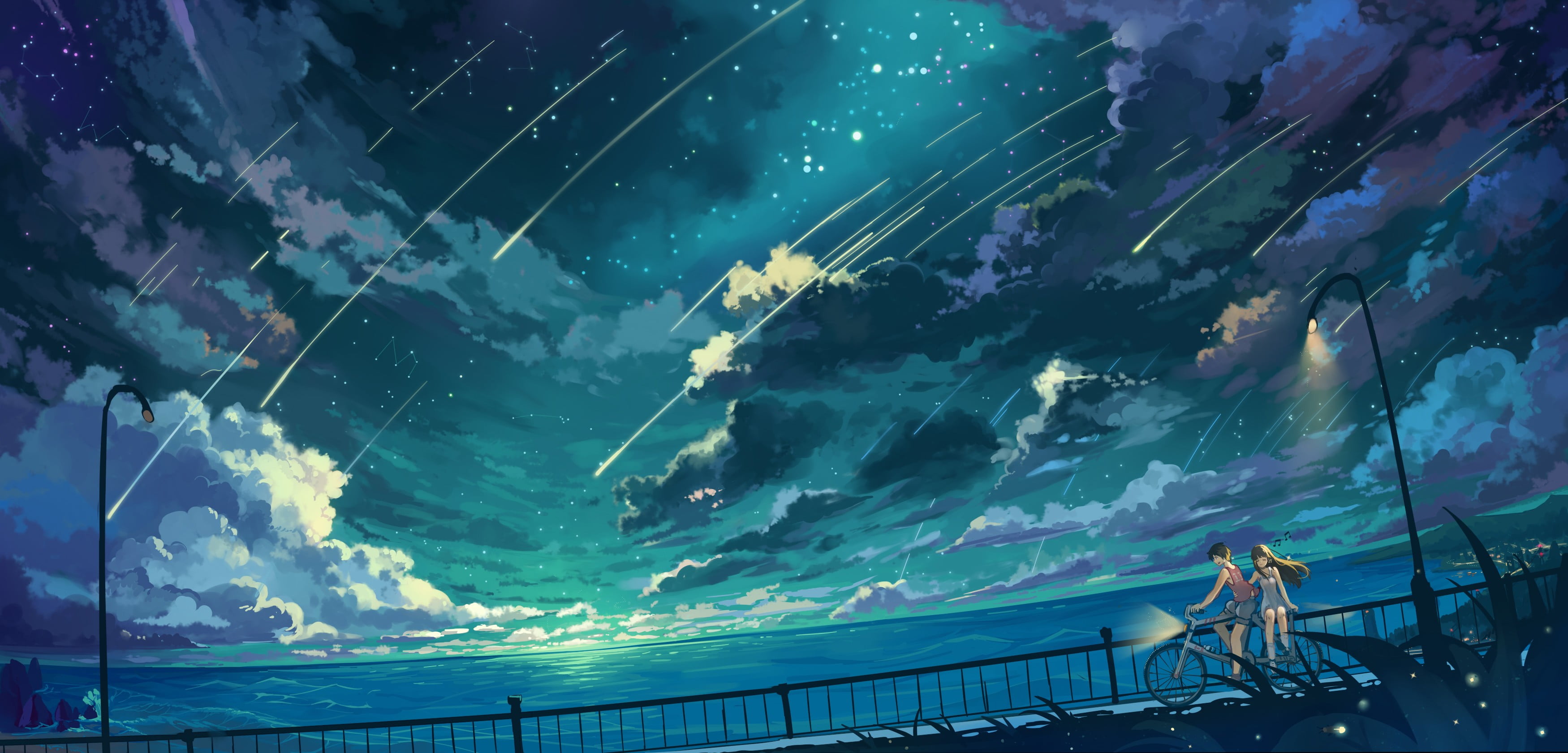 couple riding bike digital wallpaper, stars, sea, clouds, night