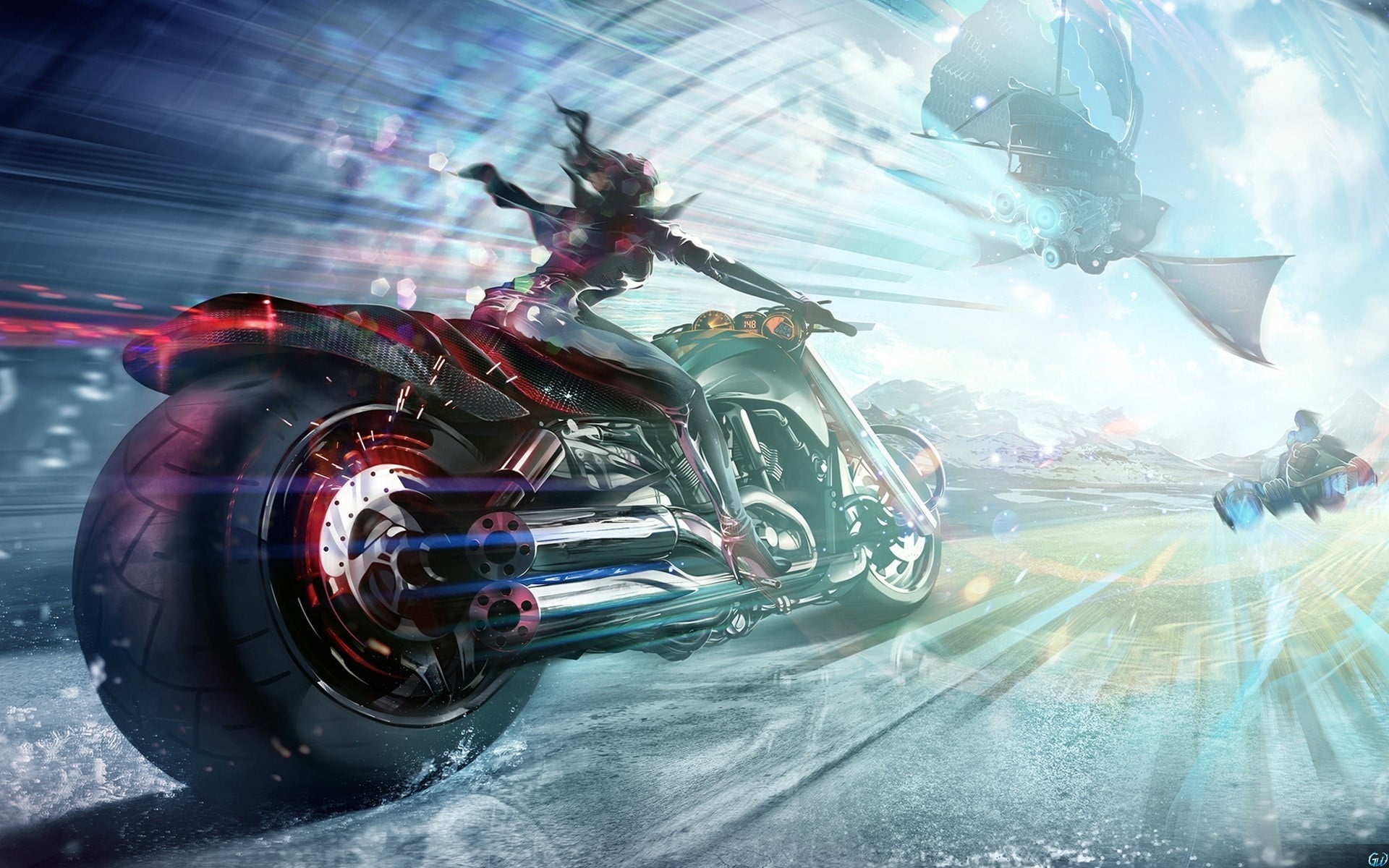 woman riding motorcycle wallpaper, futuristic, digital art, transportation
