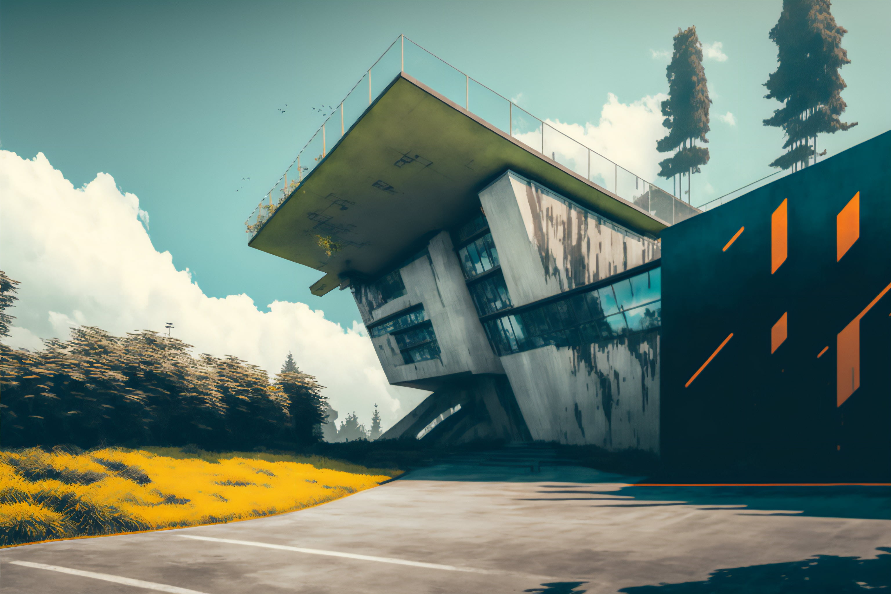 AI art, illustration, building, concrete