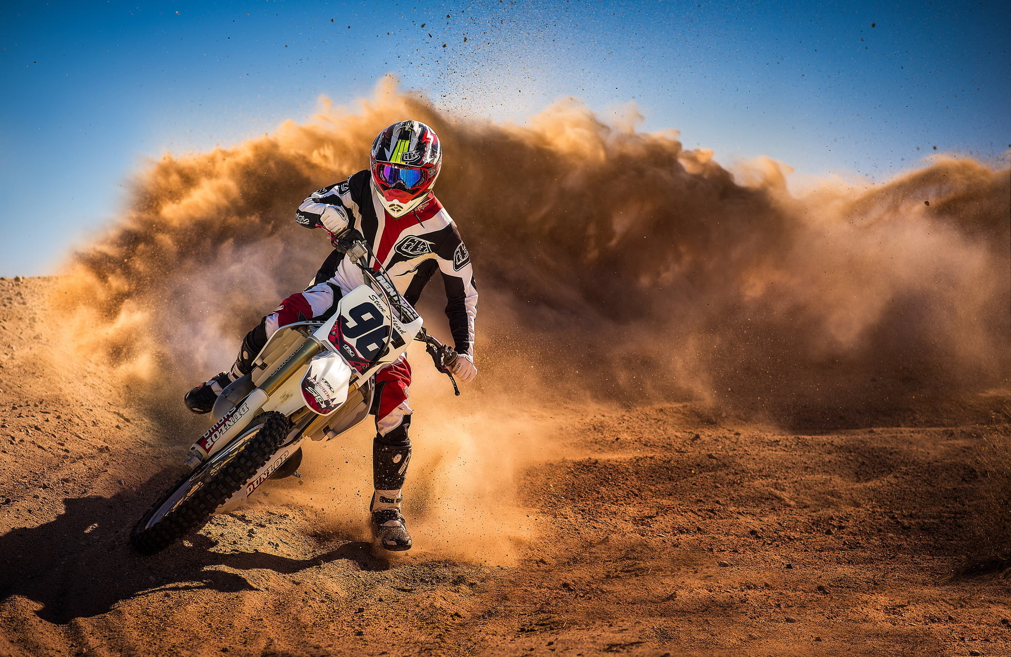 man riding motorcycle digital wallpaper, race, dust, rider, sport
