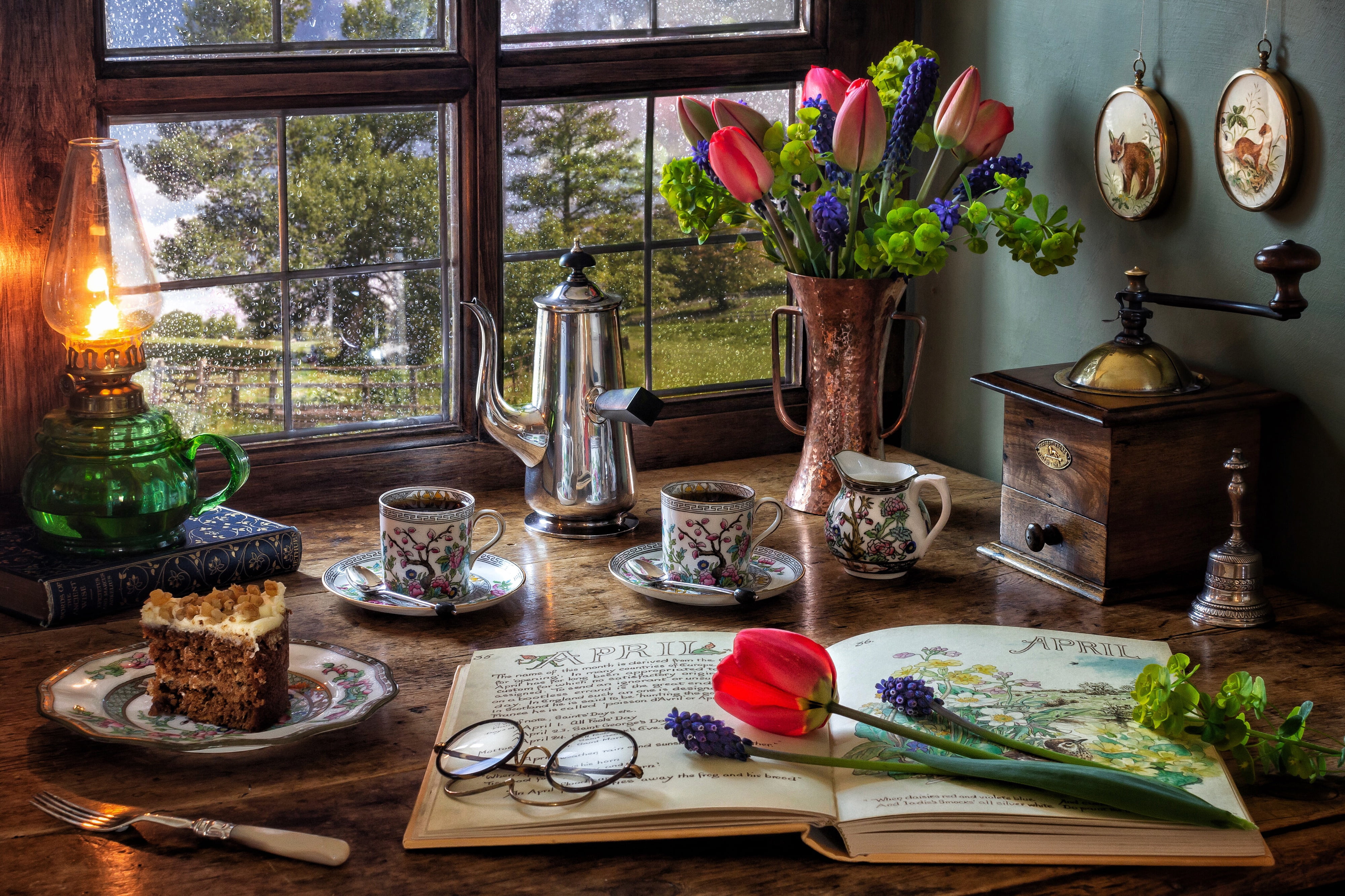 flowers, style, books, lamp, coffee, bouquet, window, glasses
