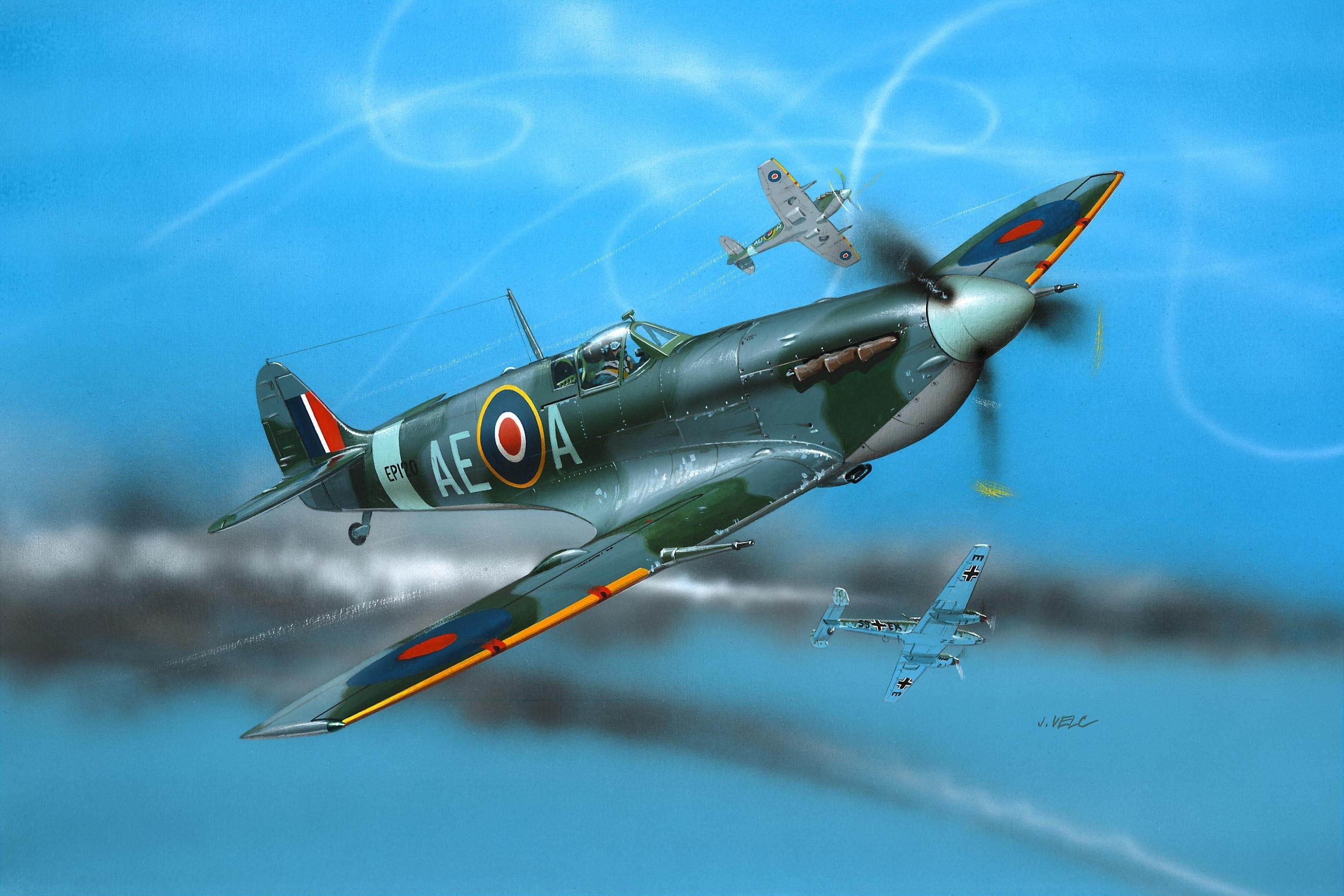 gray, white, and black fighter plane artwork, World War II, military
