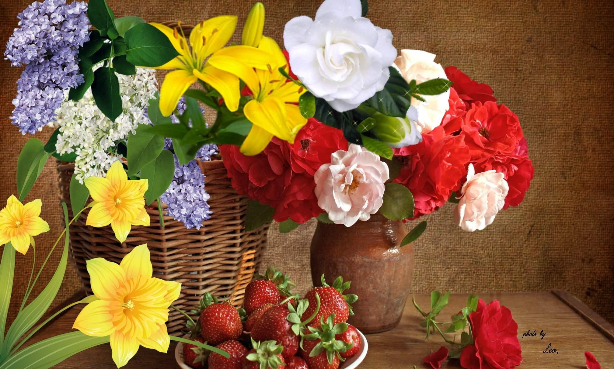Bouquets Of Flowers Strawberries, vase, basket, nature and landscapes