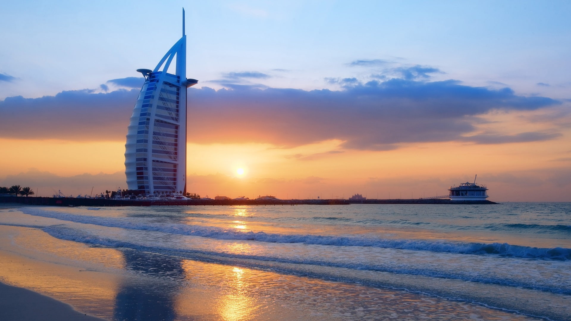 sunset ocean dubai united arab emirates hotel skyscapes burj al arab 1920x1080  Nature Oceans HD Art