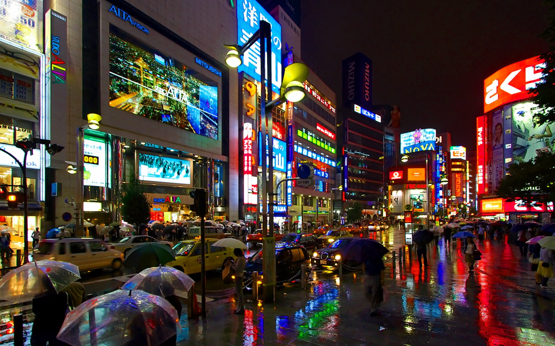 tokyo night rain cars shinjuku umbrellas pedestrian 1920x1200  Art Umbrella HD Art