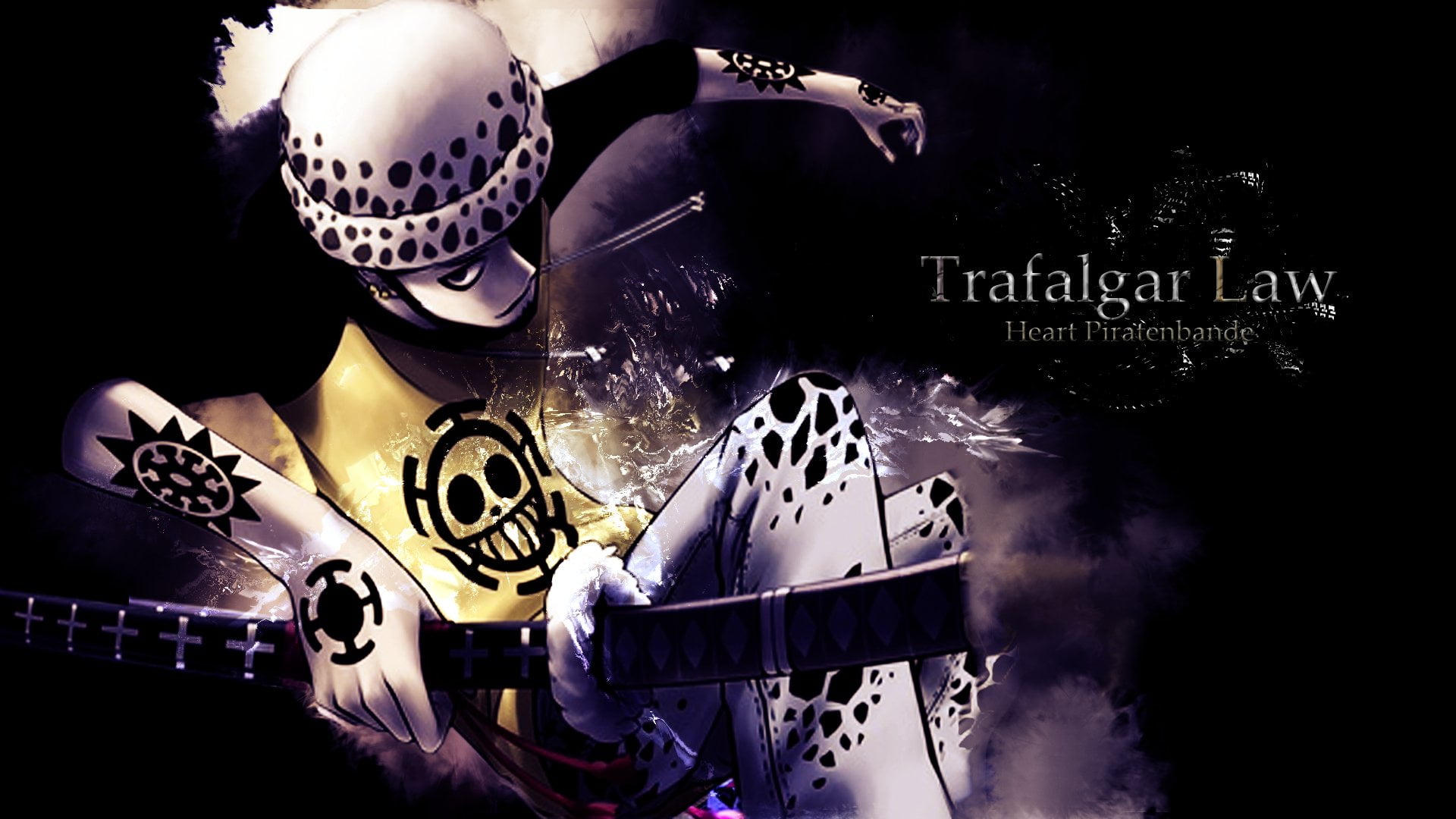Trafalgar Law illustration, Anime, One Piece, indoors, text, one person