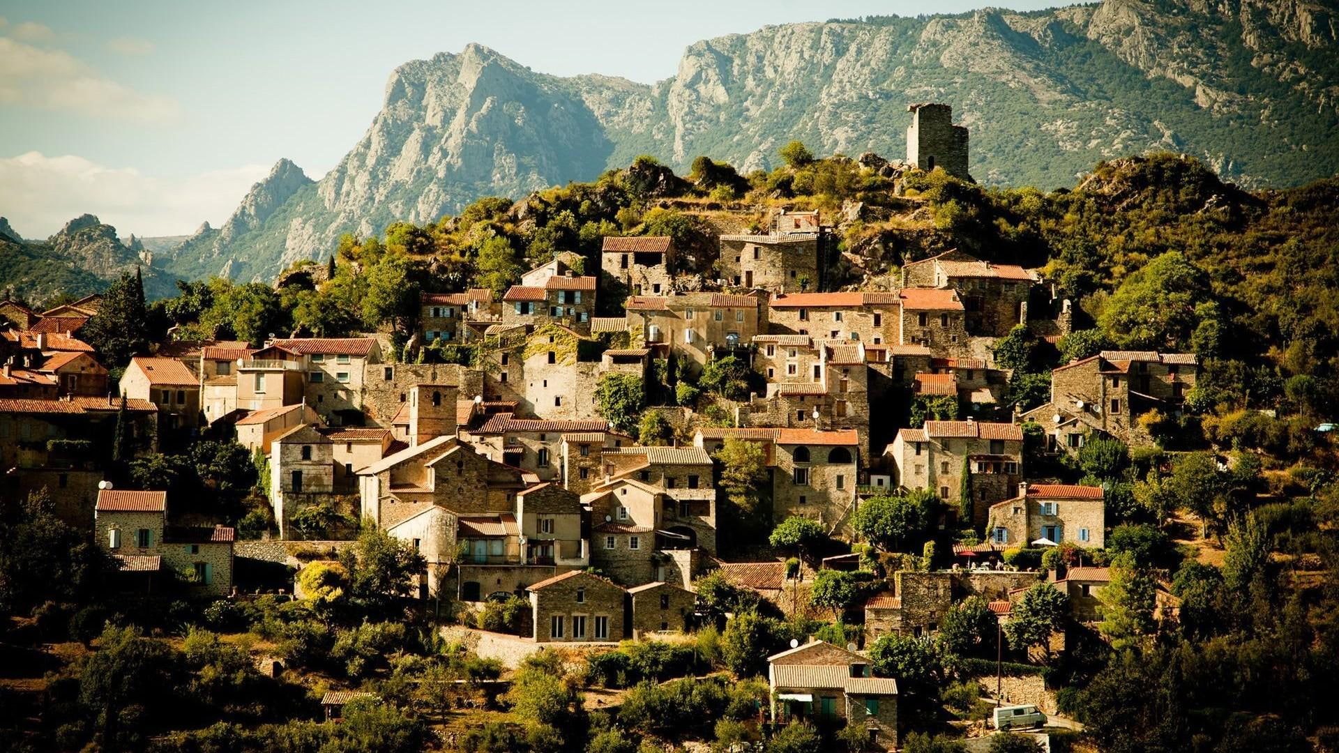 Ancient French Mountain Village, red roofs, mountains, nature and landscapes