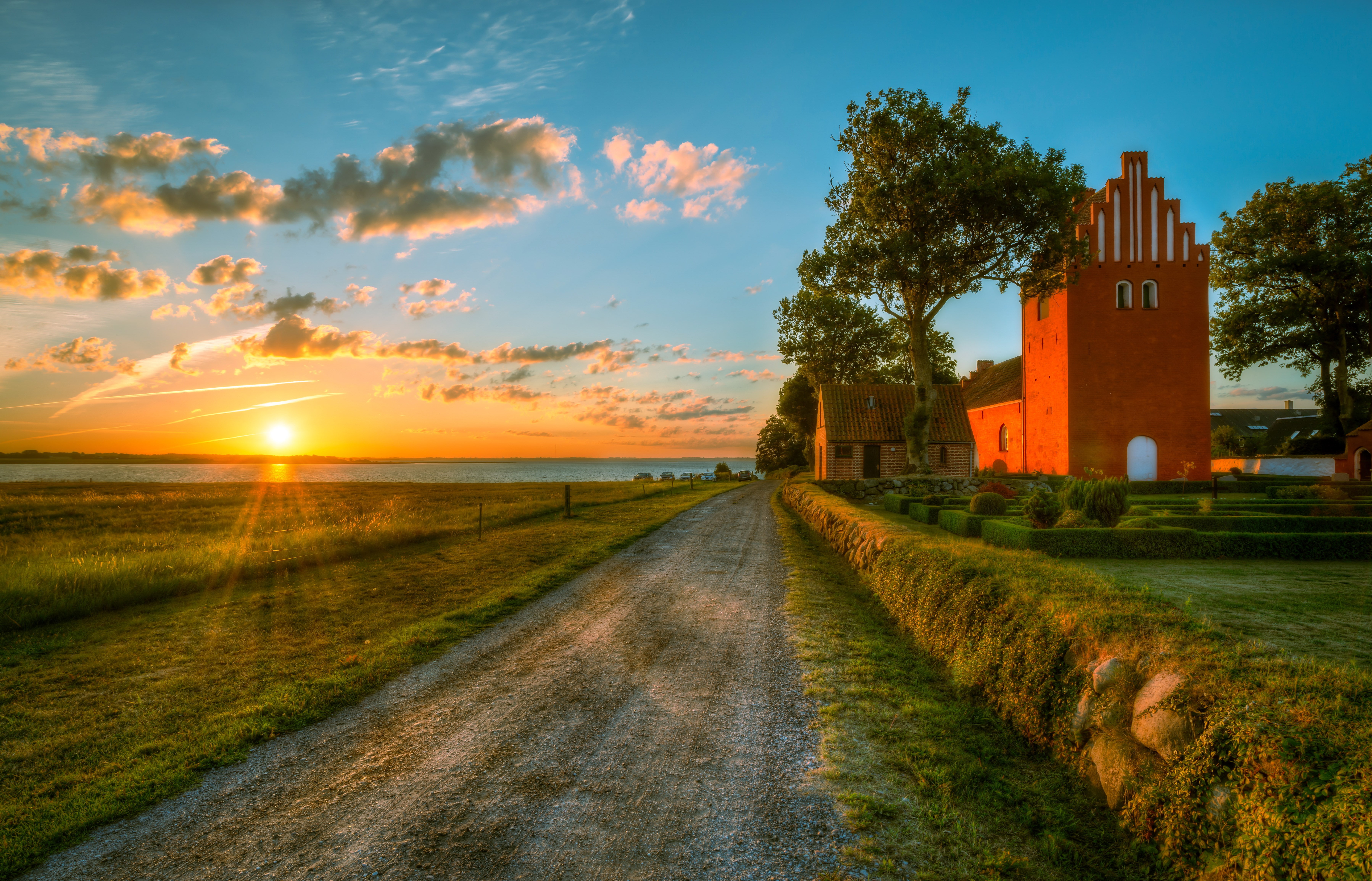 road, sky, sunset, architecture, cloud - sky, landscape, grass