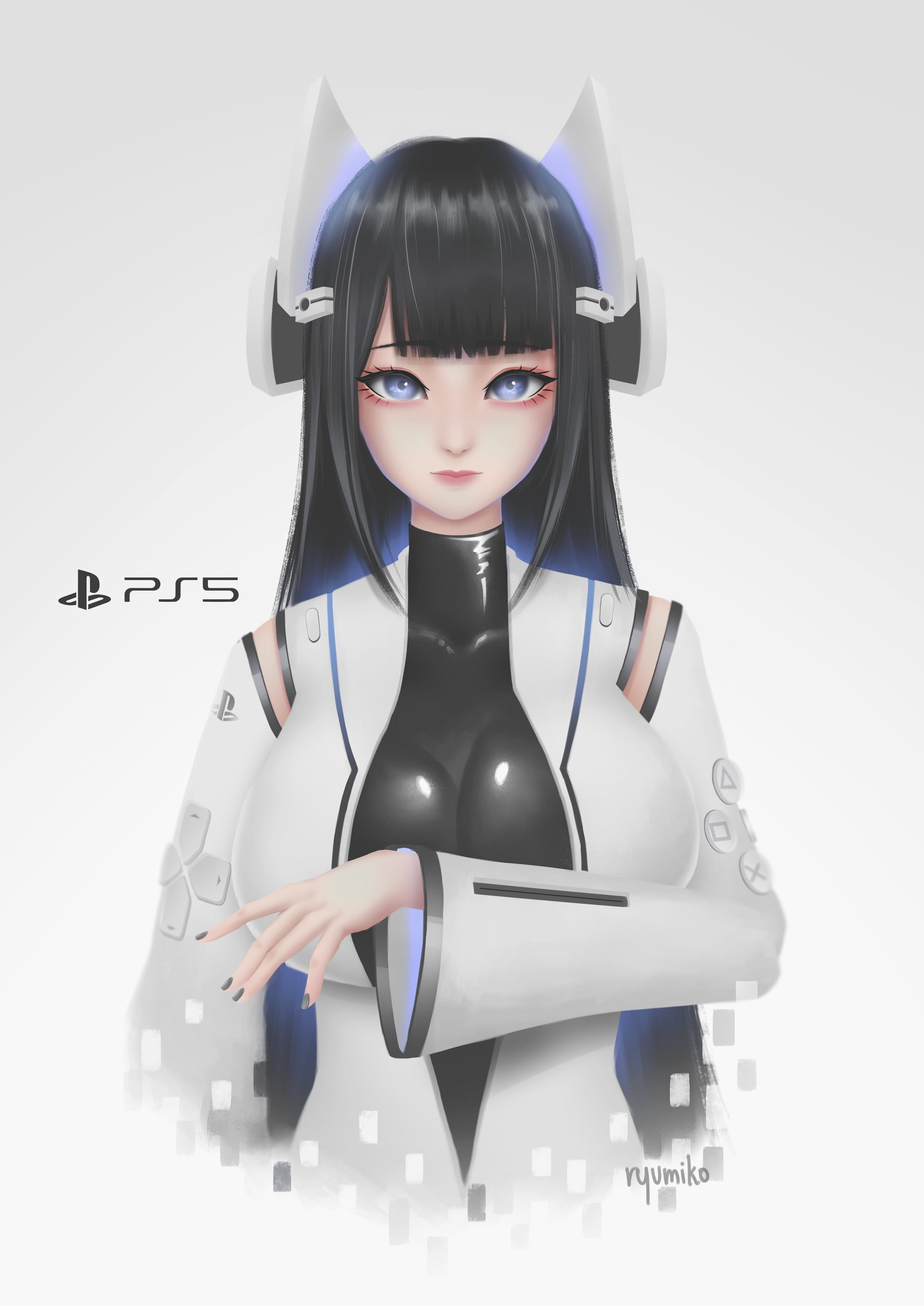 ryumiko, white background, minimalism, Playstation 5, PS5-chan