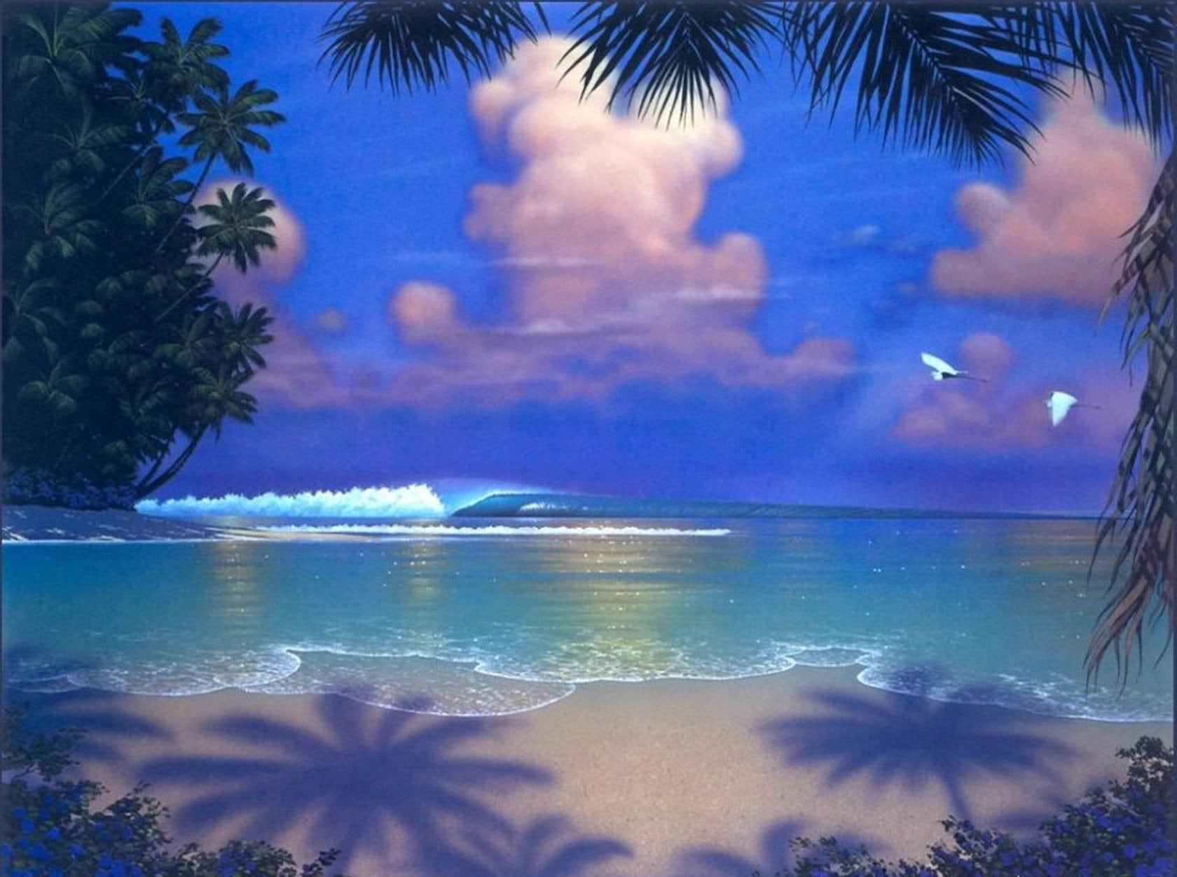 Steven Power, soft, blue, paintings, beaches, palms, nature