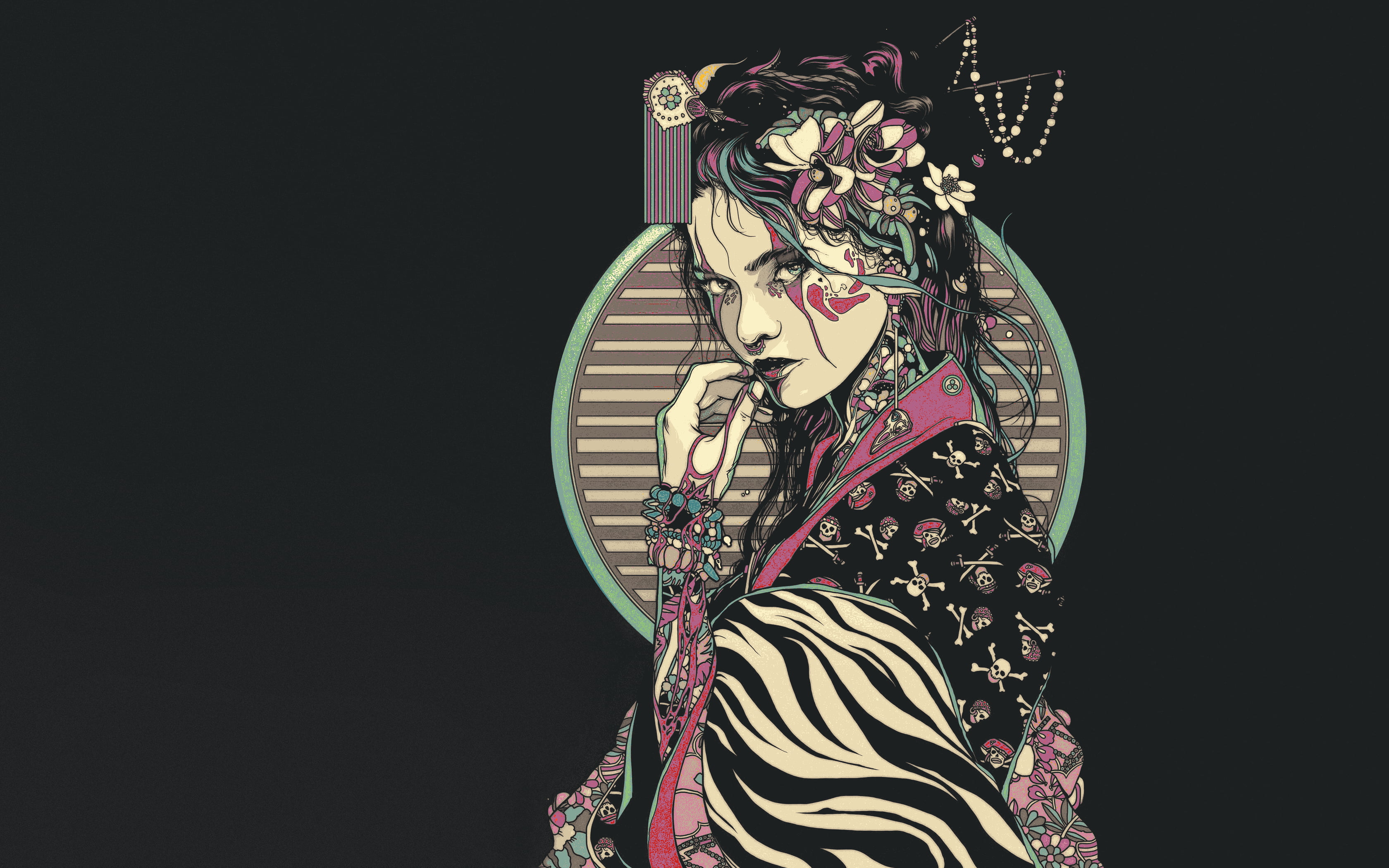 illustration, geisha, flowers, black background, stripes, women