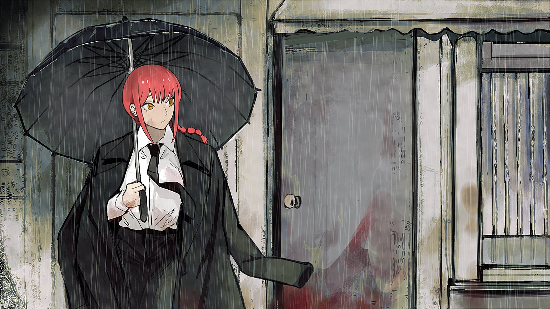 Makima (Chainsaw Man), redhead, coats, umbrella, rain