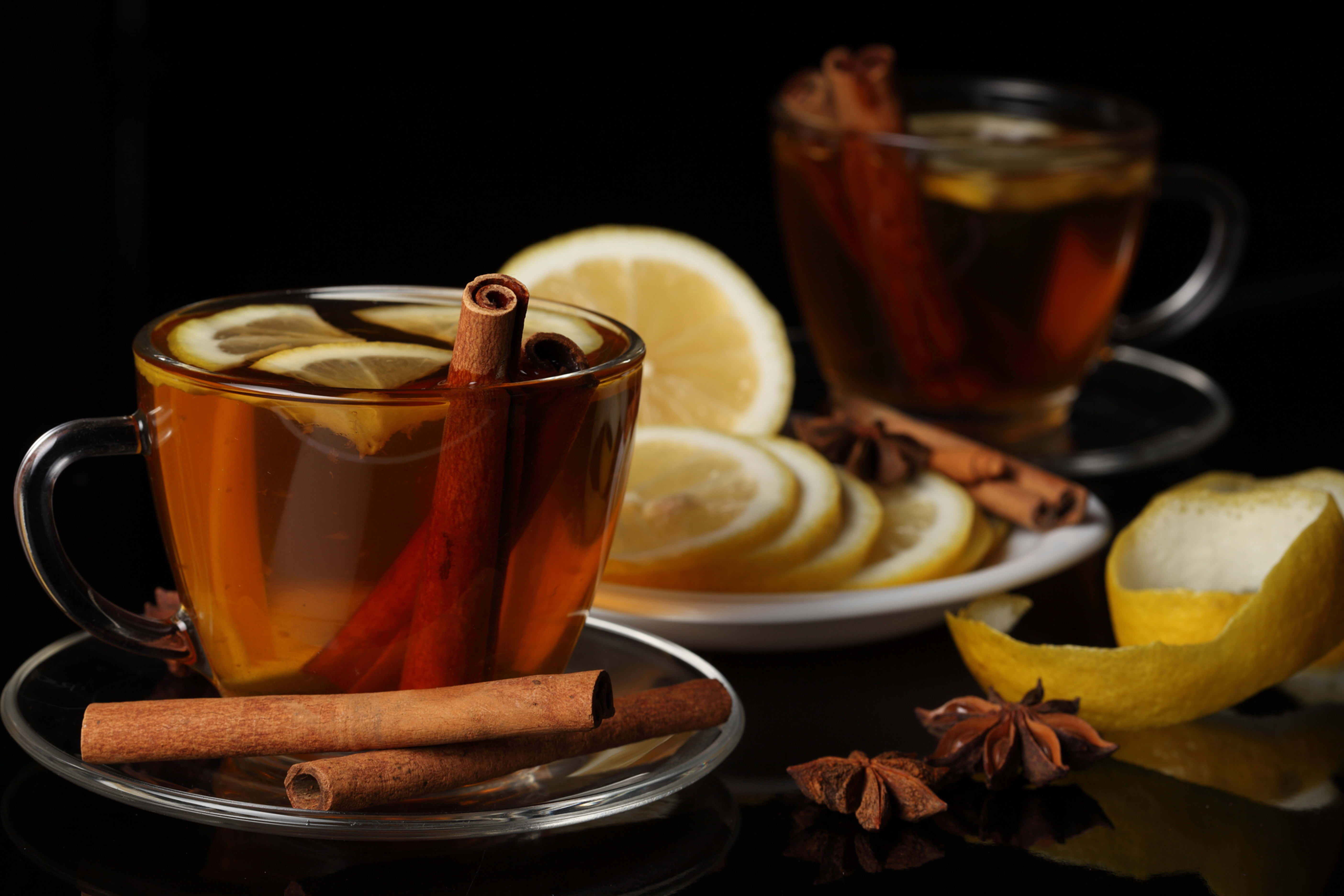 cinnamon, tea, cup, lemon, black background, drink, heat - Temperature