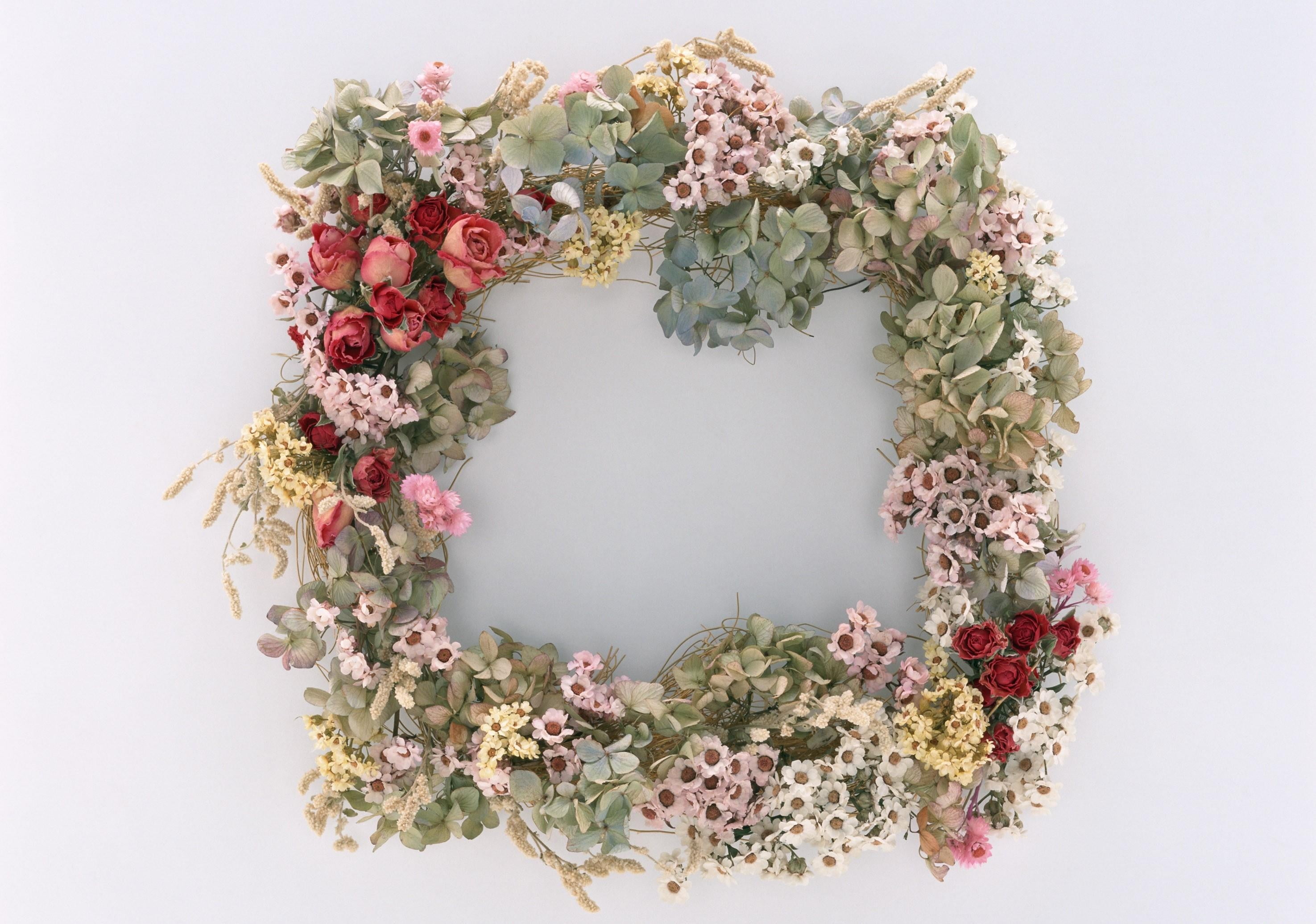 green and red floral wreath, roses, flowers, variety, dry, bouquet