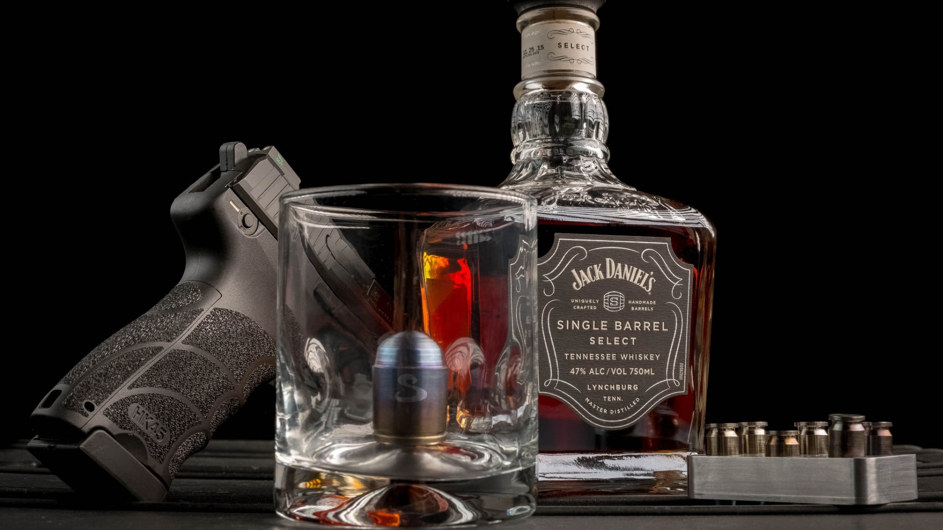gun, trunk, black background, cartridges, whiskey, Jack Daniels