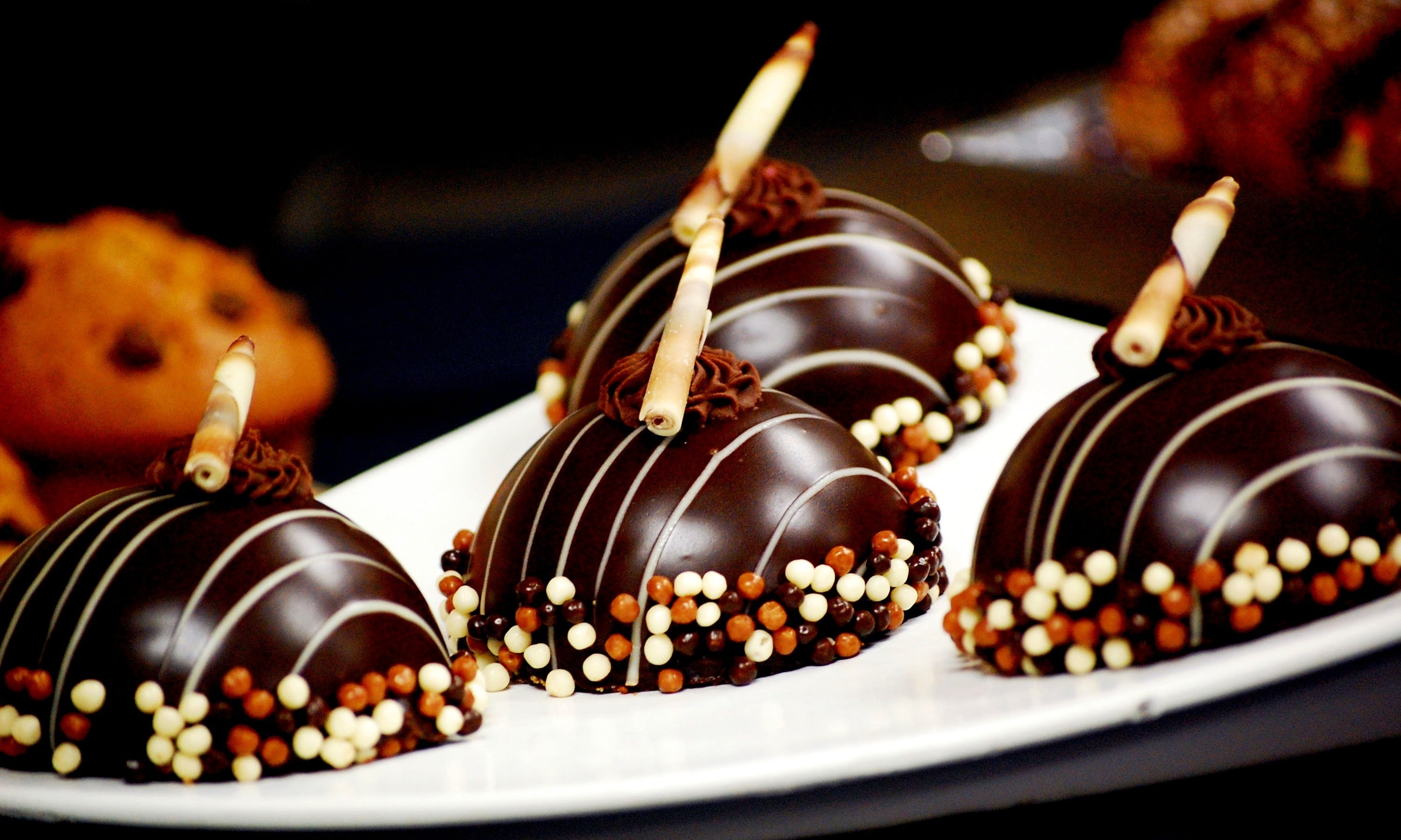 chocolate coated dessert with sprinkles and wafer sticks, candies