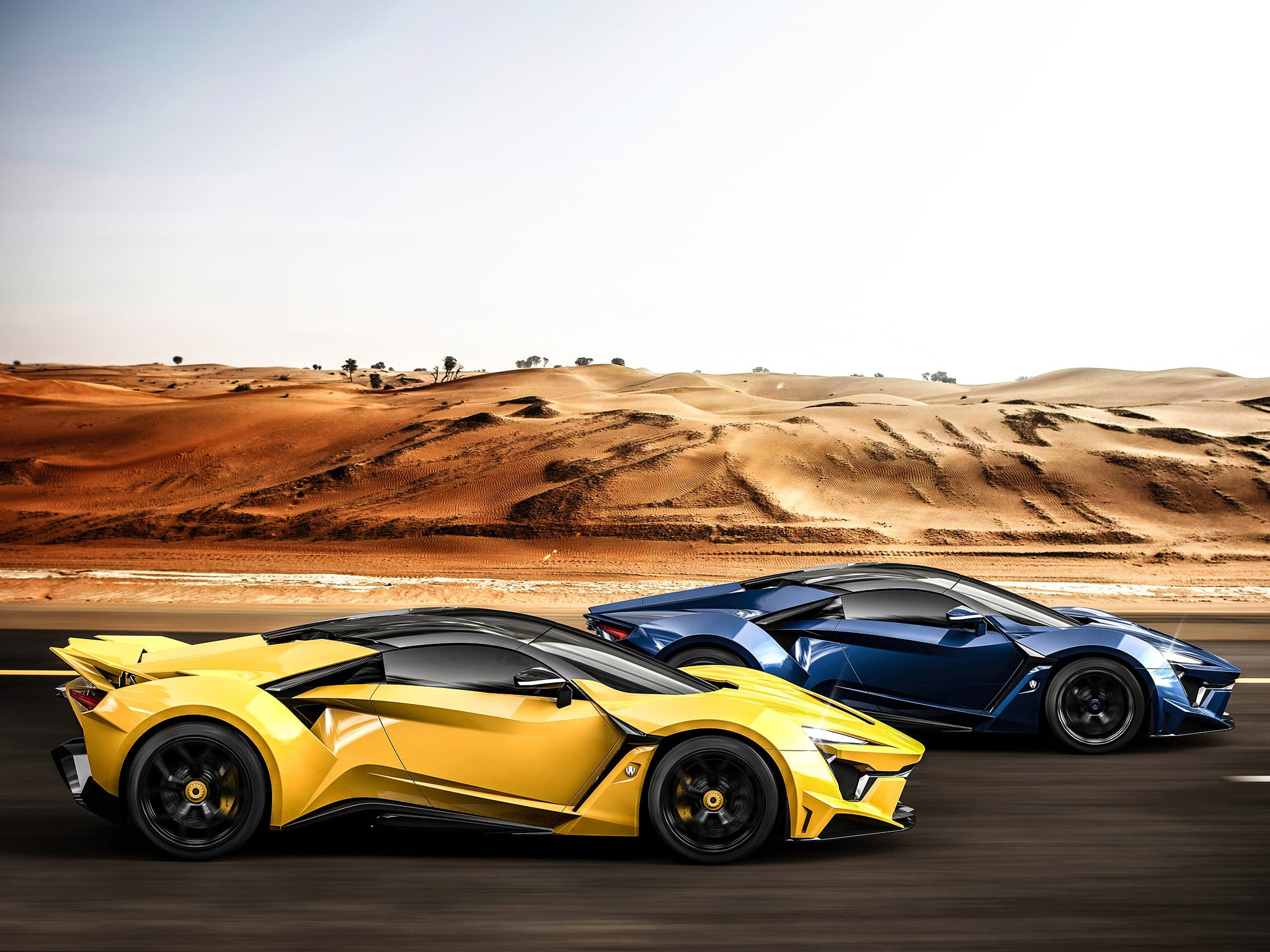 poster of yellow and blue sports car, W Motors Fenyr, road, desert
