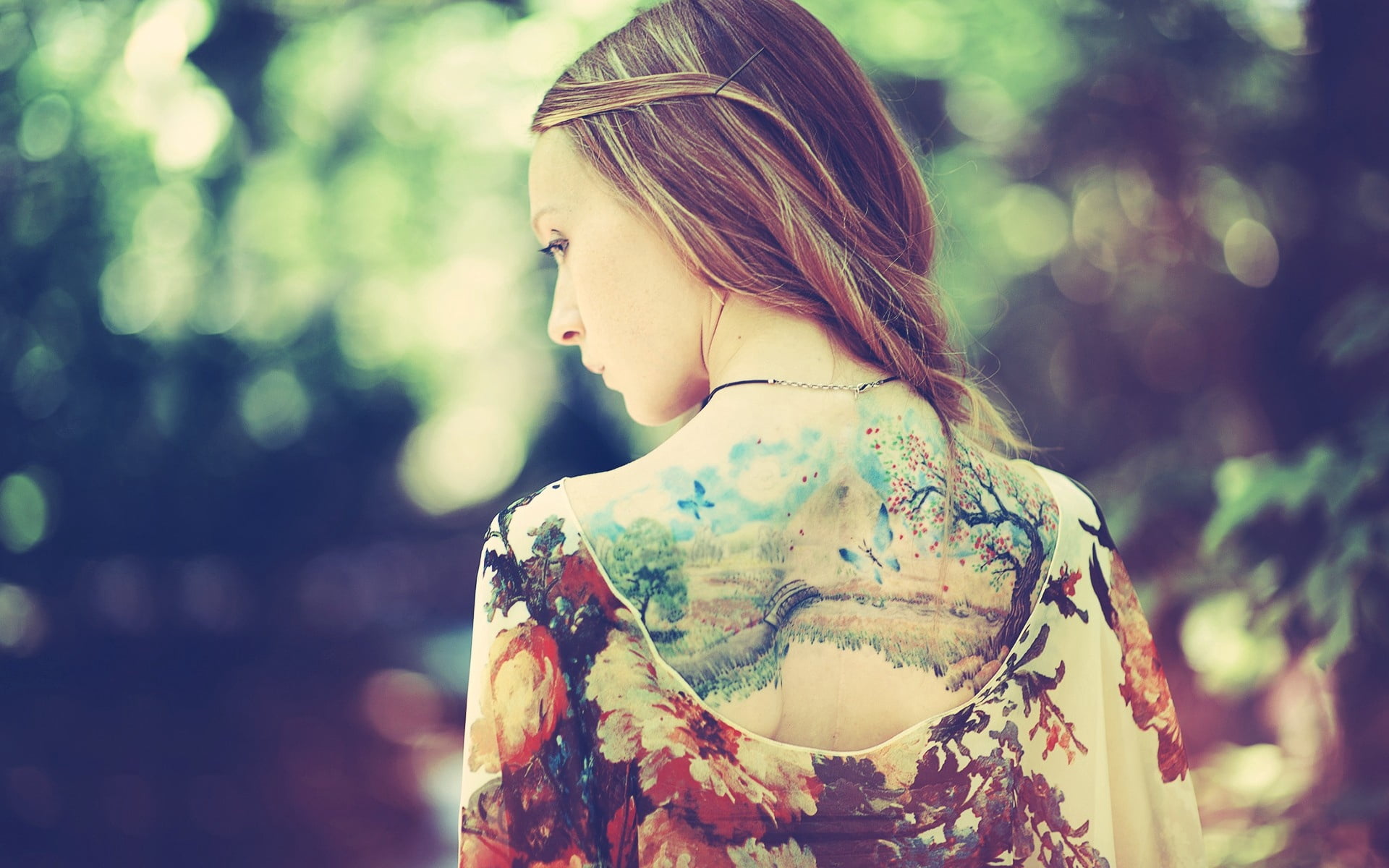 women's orange, black, and yellow floral blouse, girl, back, dress