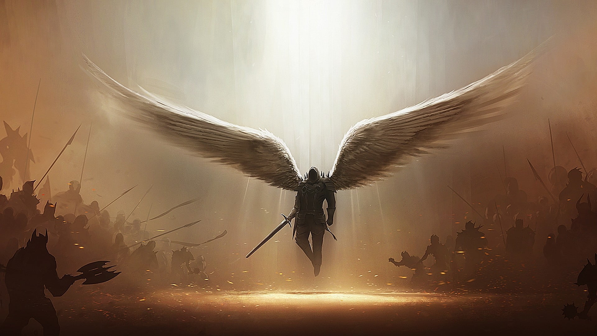 Guardian Angel holding sword wallpaper, man with wings holding sword 3D wallpaper