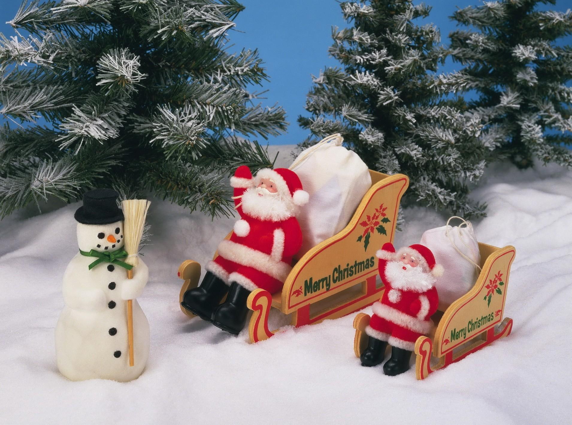 santa claus, sleigh, snowman, christmas tree, christmas