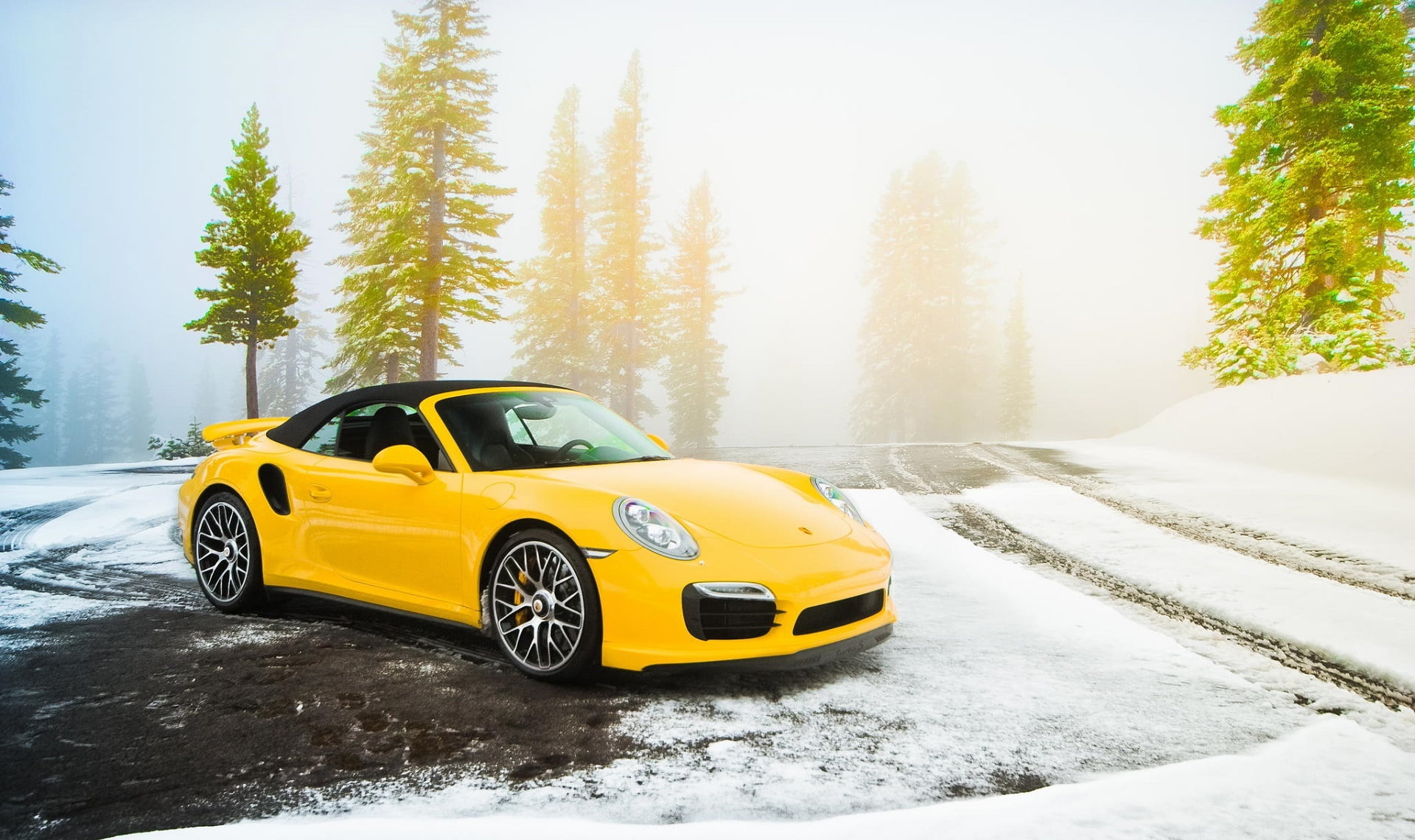 yellow Porsche Cayman soft-top coupe, Road, Snow, Spruce, Supercar
