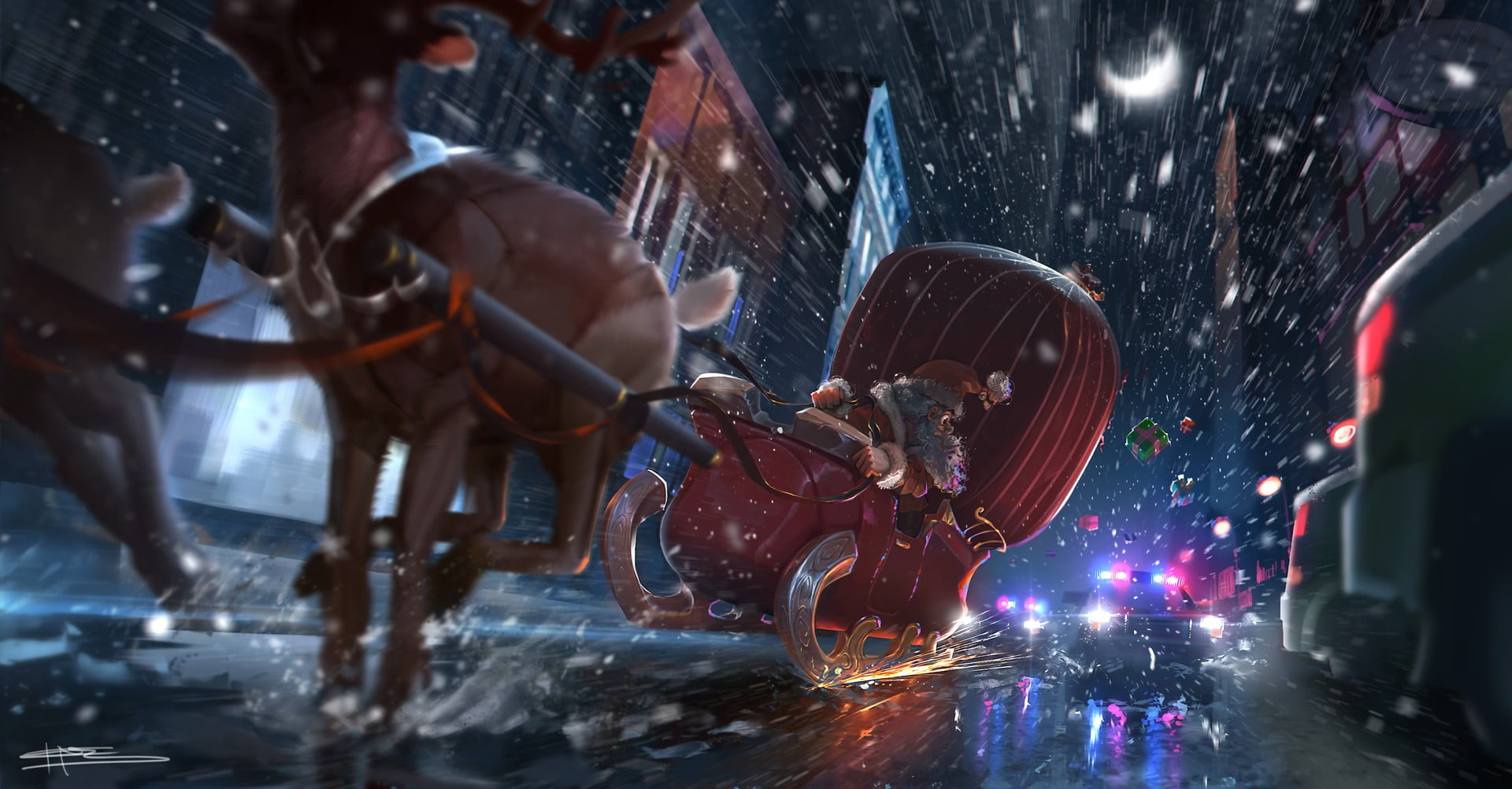 Santa Claus ride on sleigh during nighttime, illustration, snow