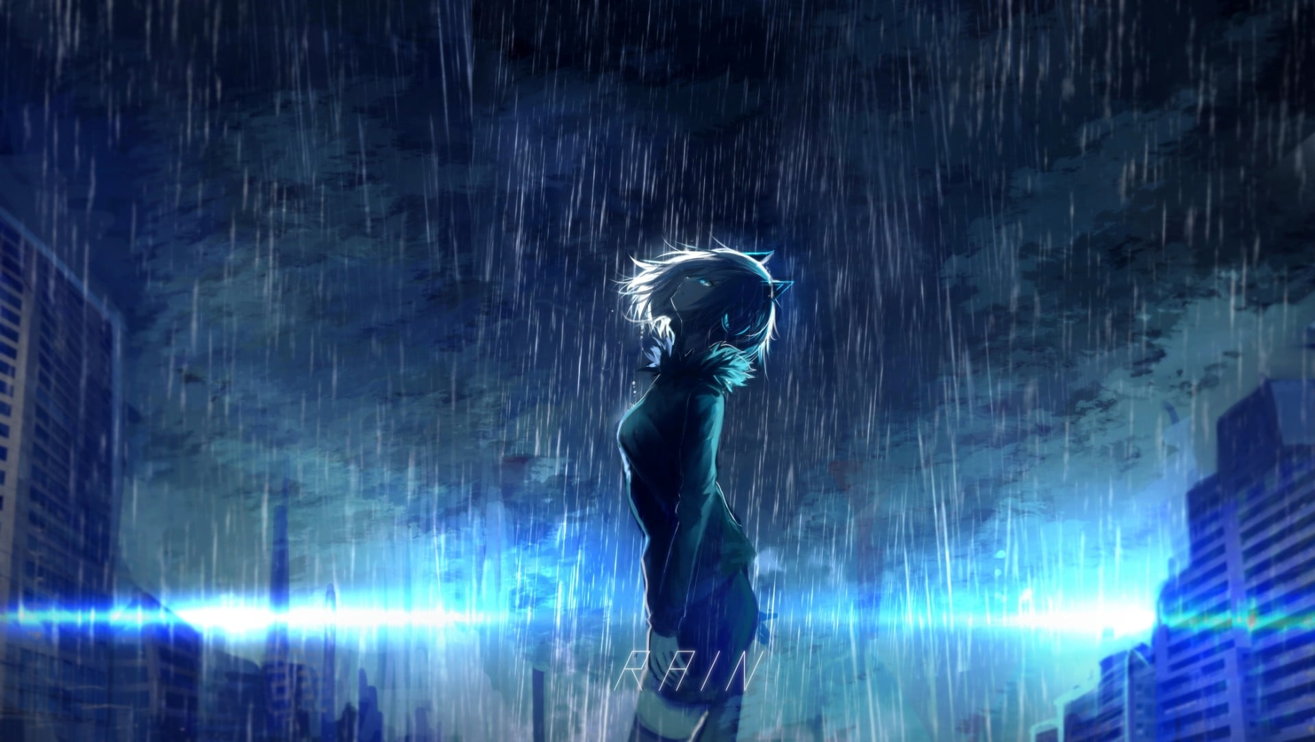 woman standing under the rain digital wallpaper, anime girls