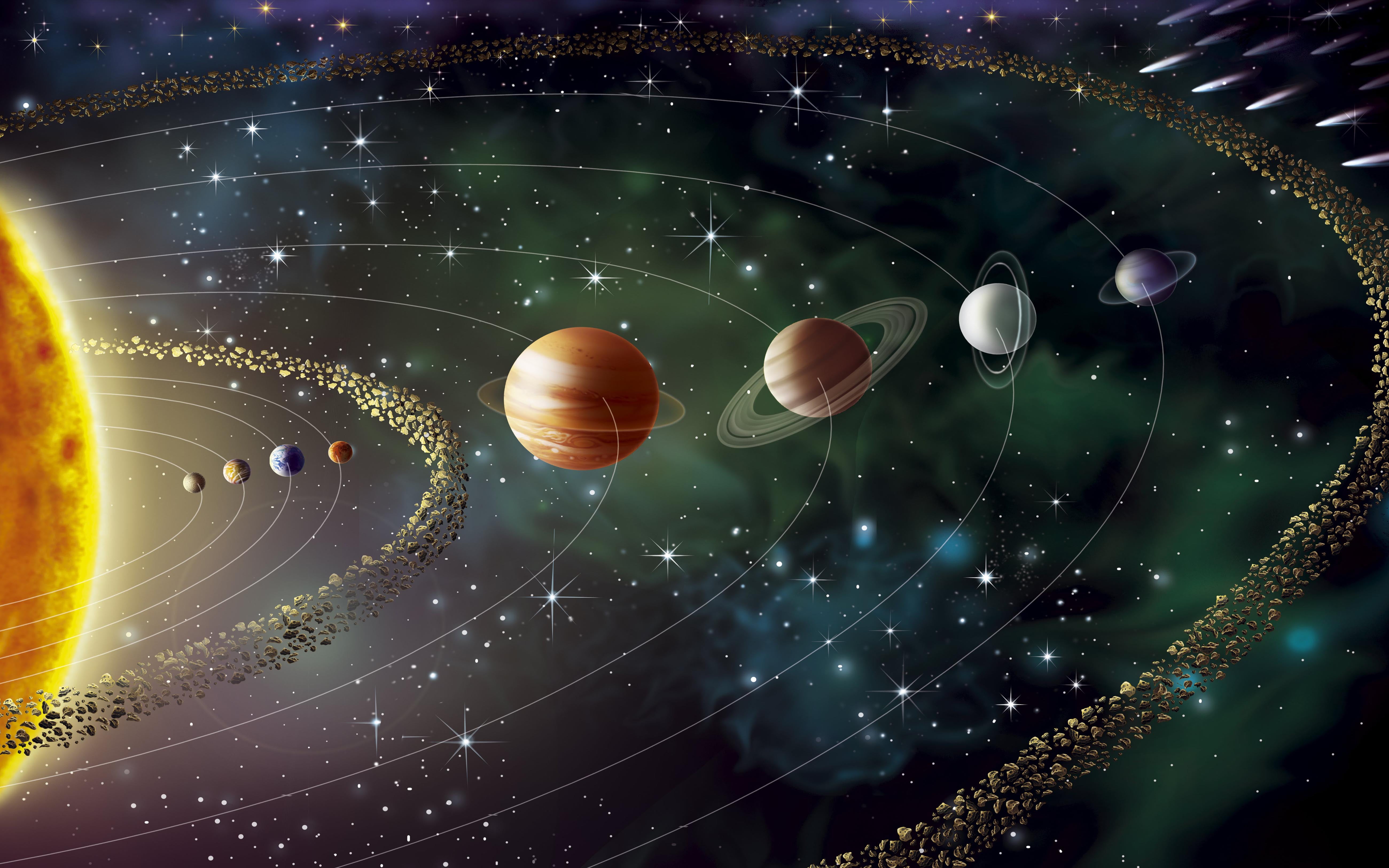 Solar System With Planets Mercury Venus Earth Mars Asteroid Belt Jupiter Saturn Uranus Neptune And Pluton Desktop Wallpaper Hd 5200×3250