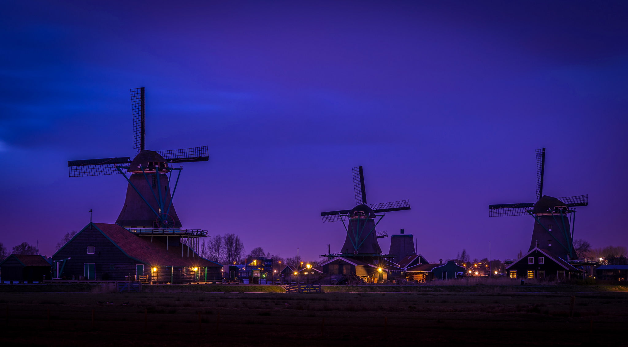 night, home, village, Netherlands, windmill, Zaanse Schans