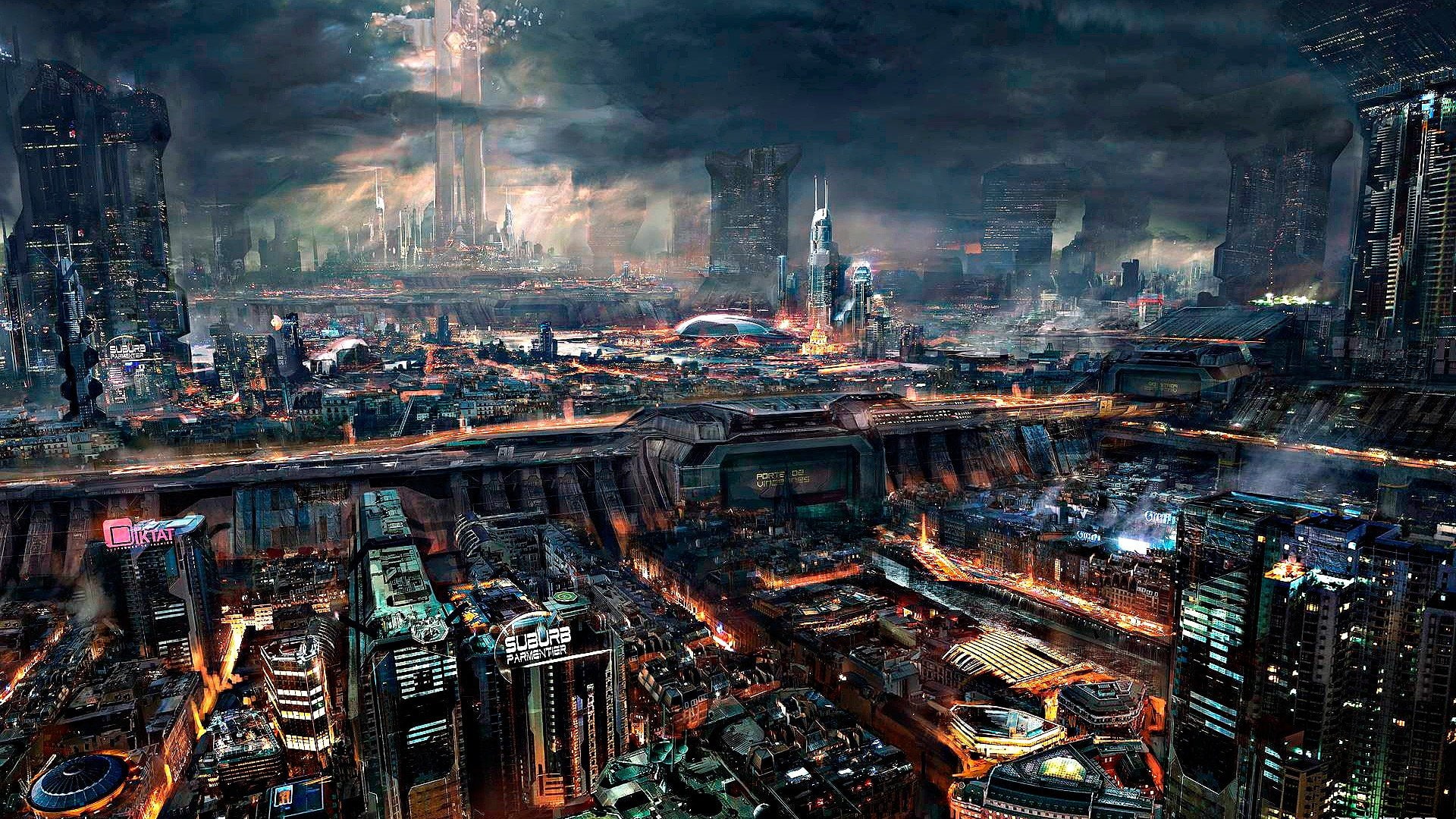 cyberpunk science fiction city, building exterior, architecture